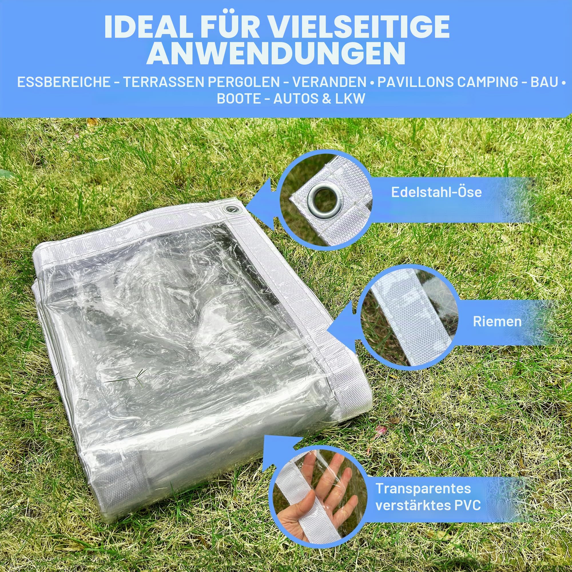 Abdeckplane Wasserdicht 2,44 x 2,44 m, 500 g/㎡ PVC Transparente wasserdichte Plane, Reißfest und UV-Beständig, Transparente Plane mit Ösen Kann Im Garten Verwendet Werden