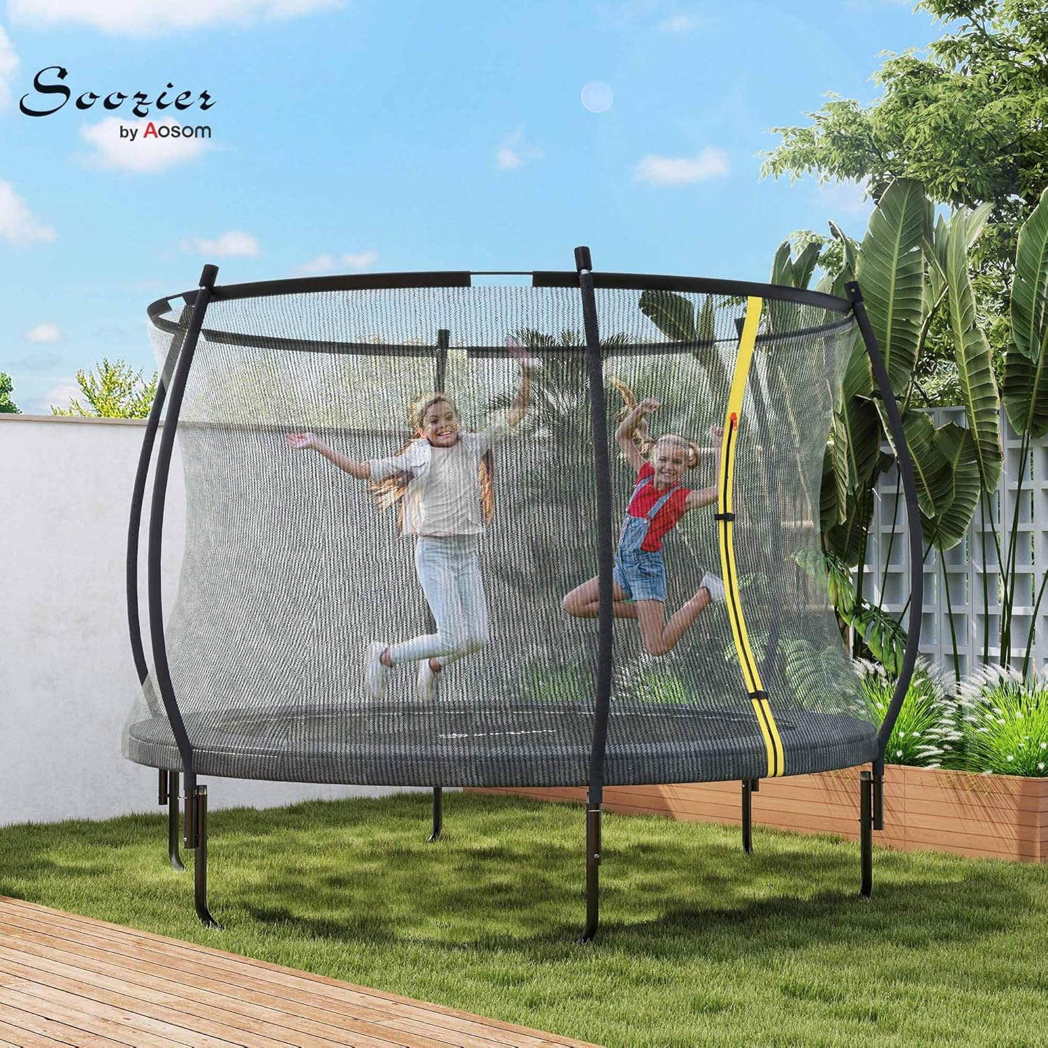 Soozier 8ft 10ft Trampoline Outdoor, Recreational Trampoline with Net Enclosure, Curved Poles and Safety Spring Cover for Kid Adults, ASTM Approved