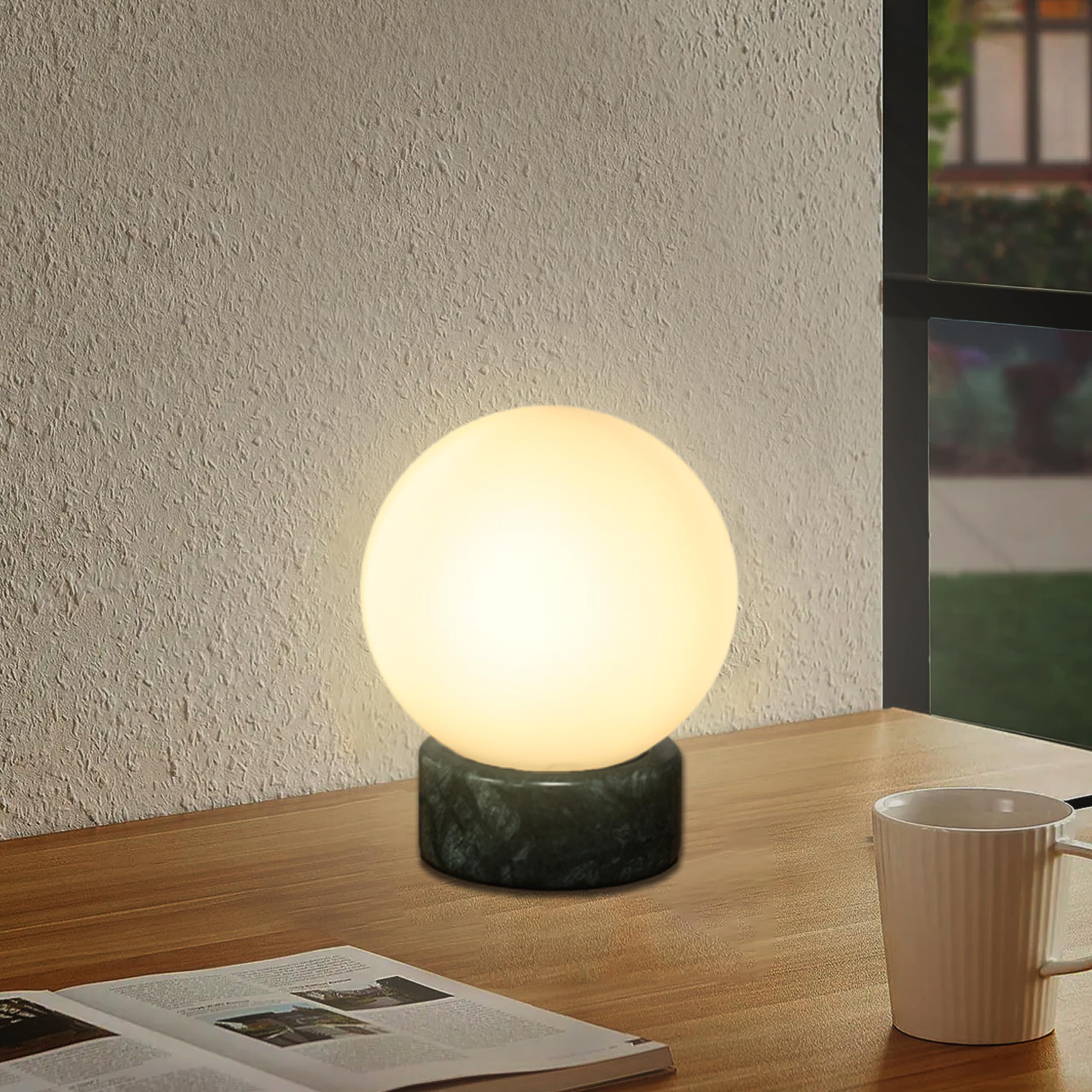 FLORNIA Globe Tble Lamp, Modern Industrial Round Table Lamp, Unique Bedside Nightstand Desk Lamp with Glass Shade and Marble Base for Bedroom, Living Room, Office Study, Decoration (Include Bulb G45)