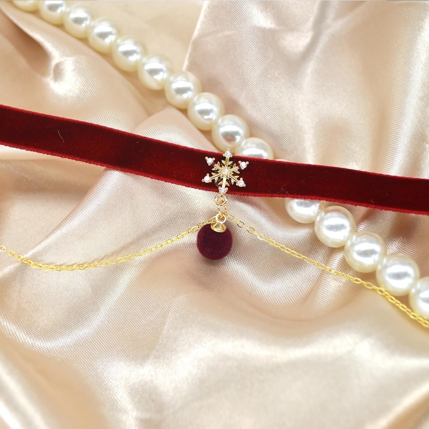 MOMOCAT 14K Gold Plated Snowflake Red Velvet Ball Pendant Double Layered Choker Necklace for Women 90s Chokers Cute Goth Chocker Costume Chockers Holiday Accessories - Image 5