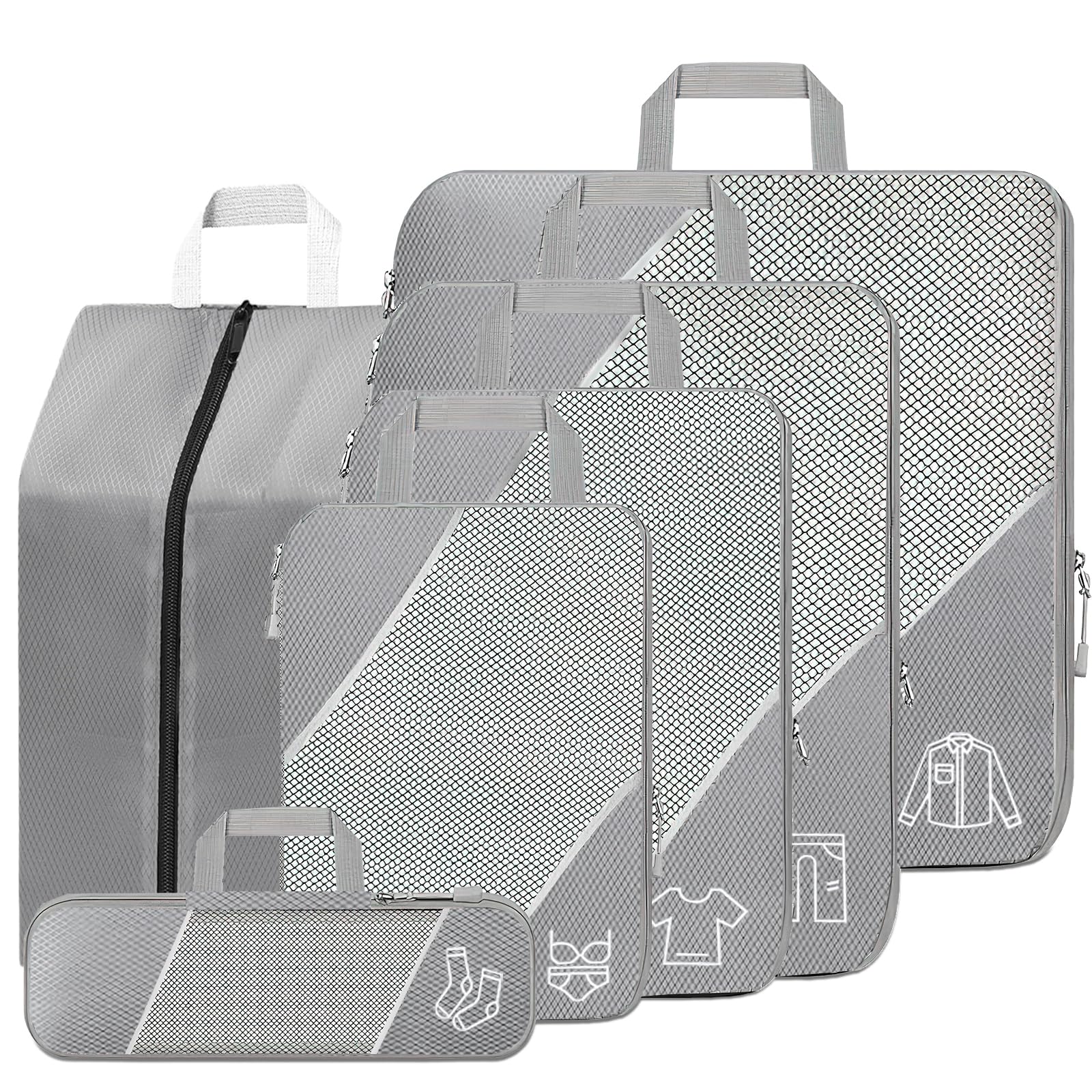 Sinzux Grey Compression Packing Cubes, 6 Pcs Extensible Ultralight Packing Cubes For Carry On Luggage, Suitcase Organiser Bags Set For Travel & Home Storage, Travel Bags Organiser Cube For Suitcases
