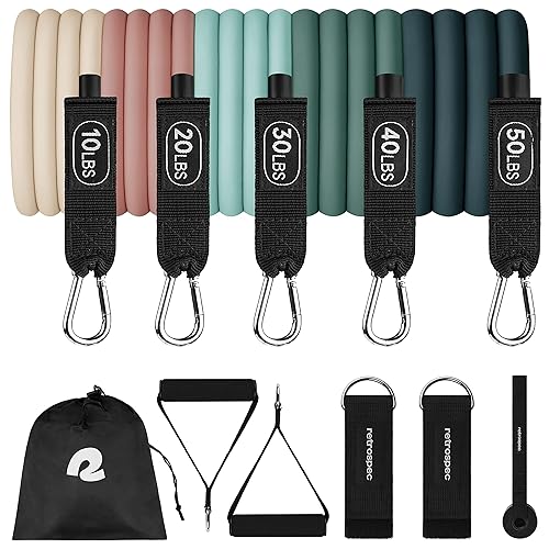Retrospec Train Resistance Bands Set for Working Out - 5 Stackable Bands, Handles & Door Anchor - Portable Fitness Equipment for Physical Therapy & Yoga Includes Carry Bag