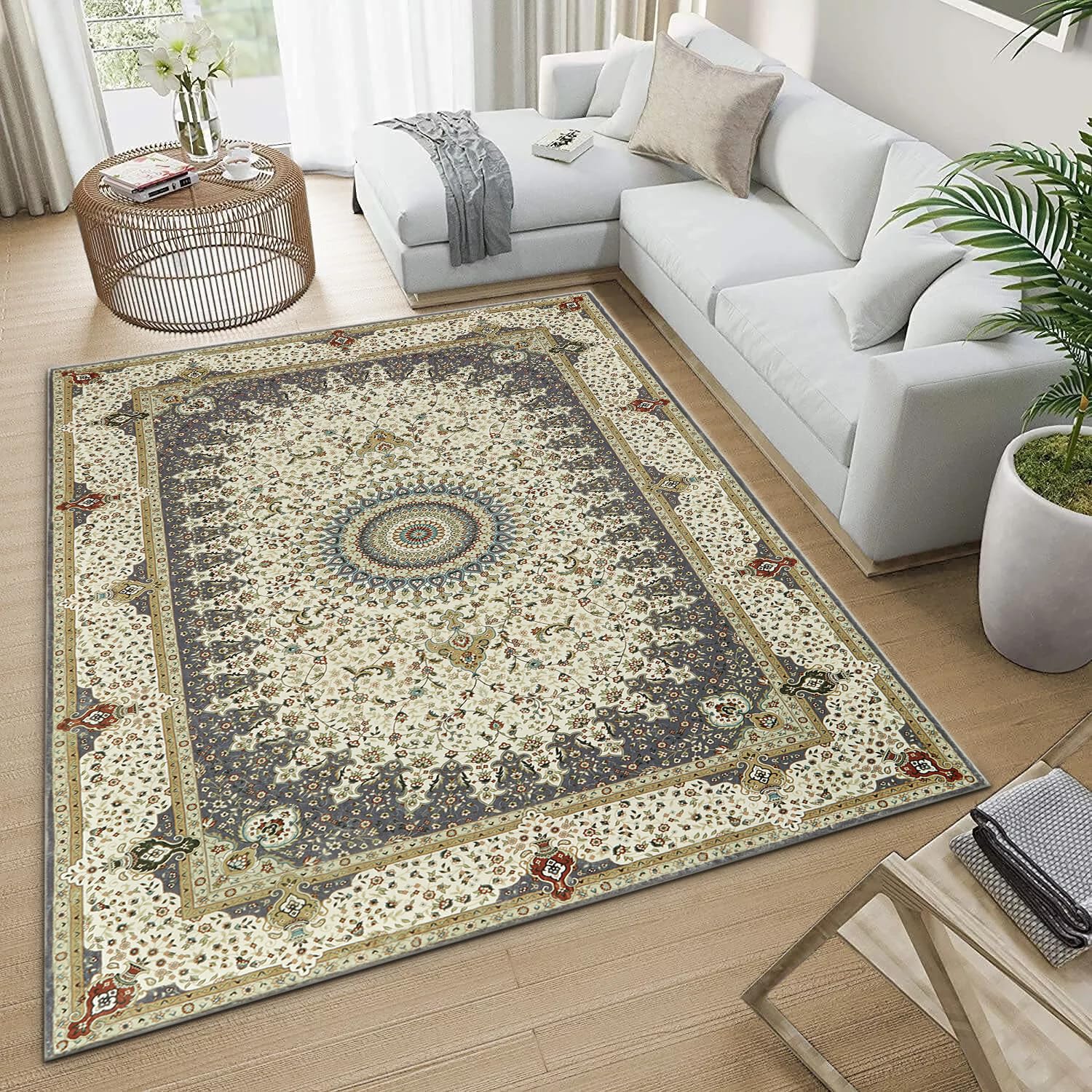 Imperial Rooms Washable Rugs Living Room 80x150 cm – Soft Short Pile Grey Area Rugs For Bedroom, Kitchen Non Slip Carpet Bedside Rug Traditional Floral Design Vintage Boho Cashmere Rug, Willow Grey — image 1