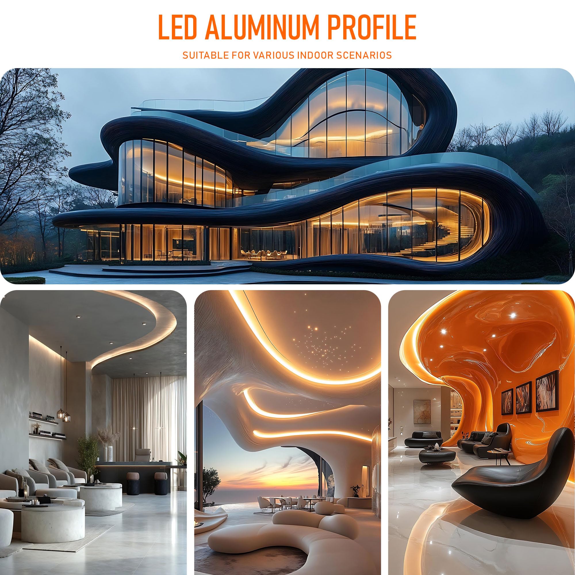 Profil do płytek LED, elastyczny, 2 m × 10 – giętki profil aluminiowy LED, do montażu na sucho, profil podtynkowy 60 x 12,5 mm, do taśm do 15 mm – profil montażowy do sufitu i ściany, krzywizny