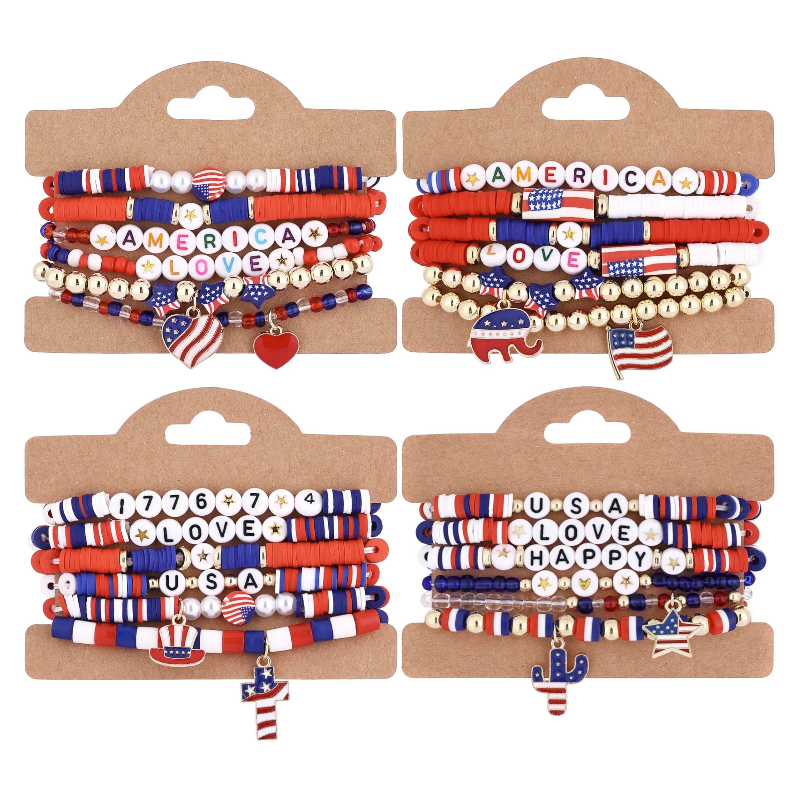 Taouzi American Flag Bracelets 4th of July Bracelets for Women Handmade Stackable Patriotic American Red White and Blue Bracelets 4th of July Independence Day Jewelry for Women Men 24Pcs C