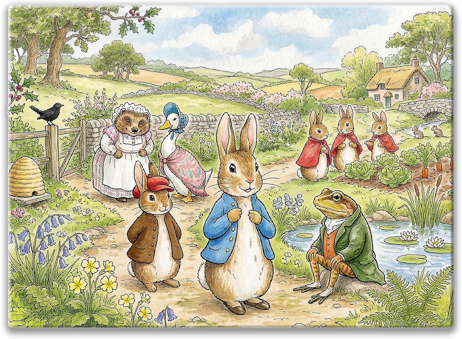 Tempered Glass Cutting and Serving Board,Heat Tolerant, Decorative Kitchen Gift for Her, Couples, Housewarming,Easter gift (Easter Bunny in Wildflower Meadow)