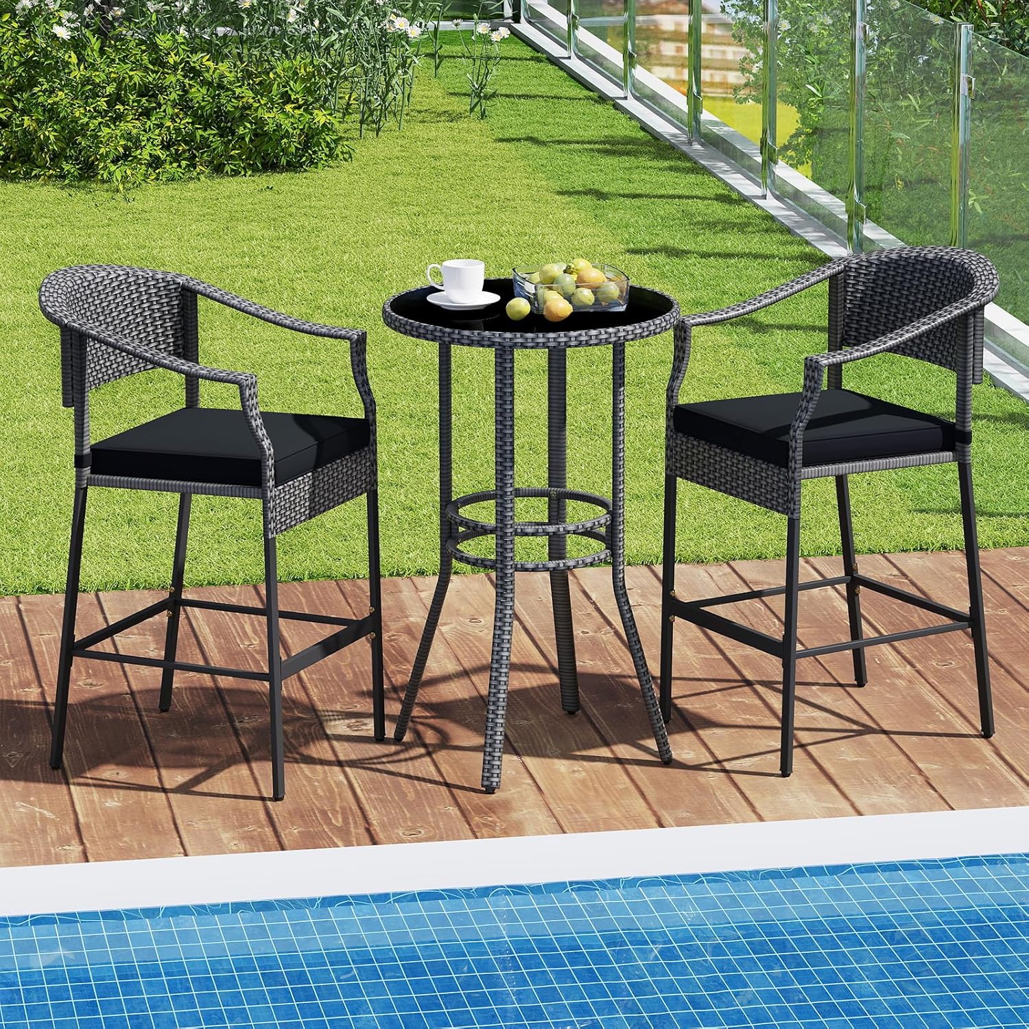 Tangkula 3-Piece Patio Rattan Bar Set, Wicker Bar Height Armchairs & Round Table w/Tempered Glass Top, Cushioned High Top Bistro Furniture with Footrest, for Backyard, Poolside, Porch (Mix Gray)