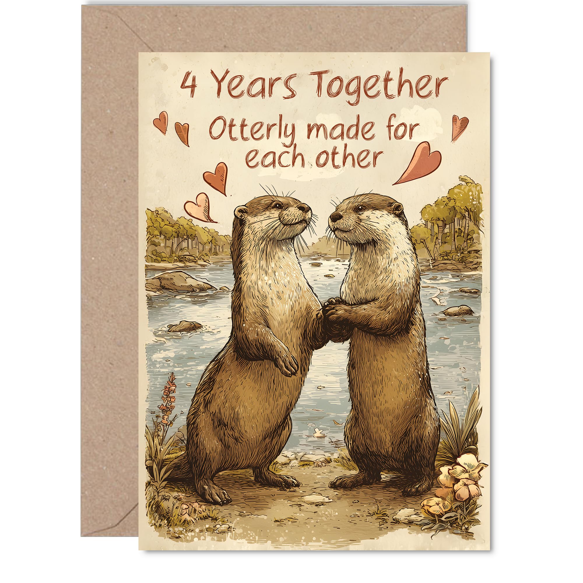 4th Anniversary Card for Women and Men, Rustic Style Cute Otters