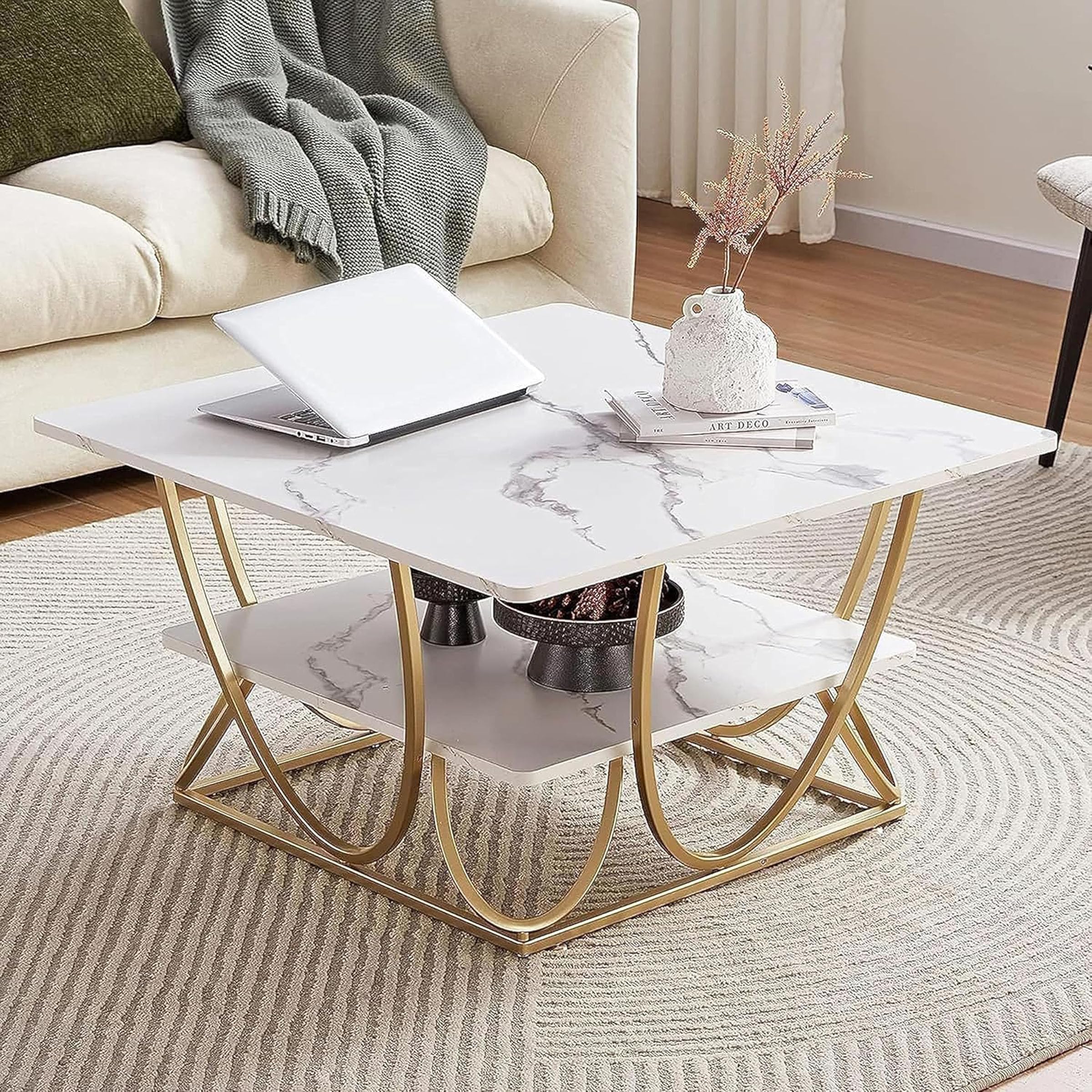 A I Craft Square,2 Tier Coffee Tables Circle Coffe Table with Storage Modern Center Tea Table Wooden Faux Marble Top Metal Frame for Living Room Bedroom Drawing Room (White & Gold) (B0DHRQ6YFF) Amazon Price History, Amazon Price Tracker