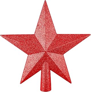 FEPITO Glitter Star Mini Christmas Tree Topper Shatter-Proof Small Christmas Tree Decoration Treetop for Holiday Ornament or Home Décor (Red, 4.3 inches)