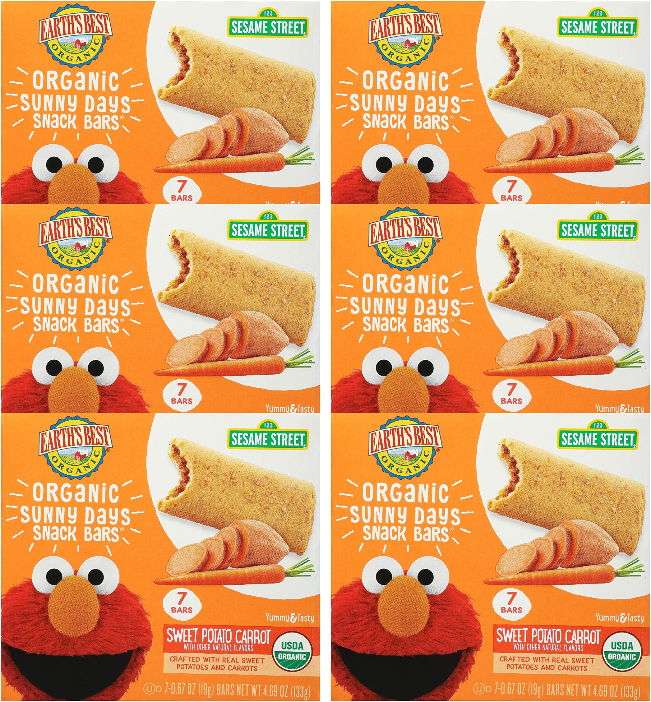 Organic Kids Snacks, Sesame Street Toddler Snacks, Organic Sunny Days Snack Bars for Toddlers 2 Years and Older, Sweet Potato and Carrot with Other Natural Flavors, 7 Bars per Box (Pack of 6)