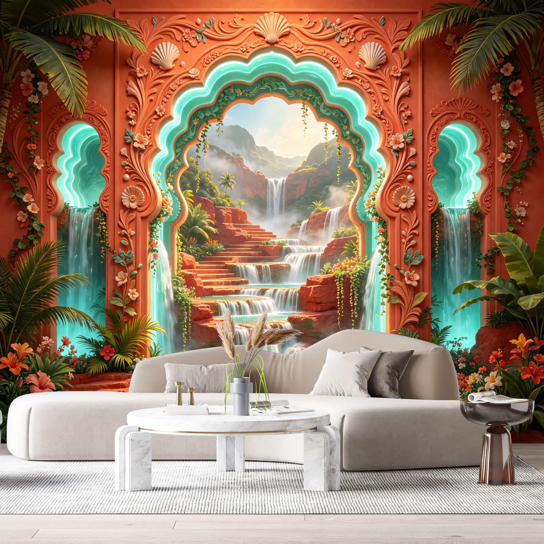 Custom Size Wall Murals Fantasy Tropical Landscape Waterfall Shell Arch 3D Trompe L'Oeil SelfAdhesiveWall Fabric Removable Wallpaper Wall Decor for Living Room Bedroom Bathroom