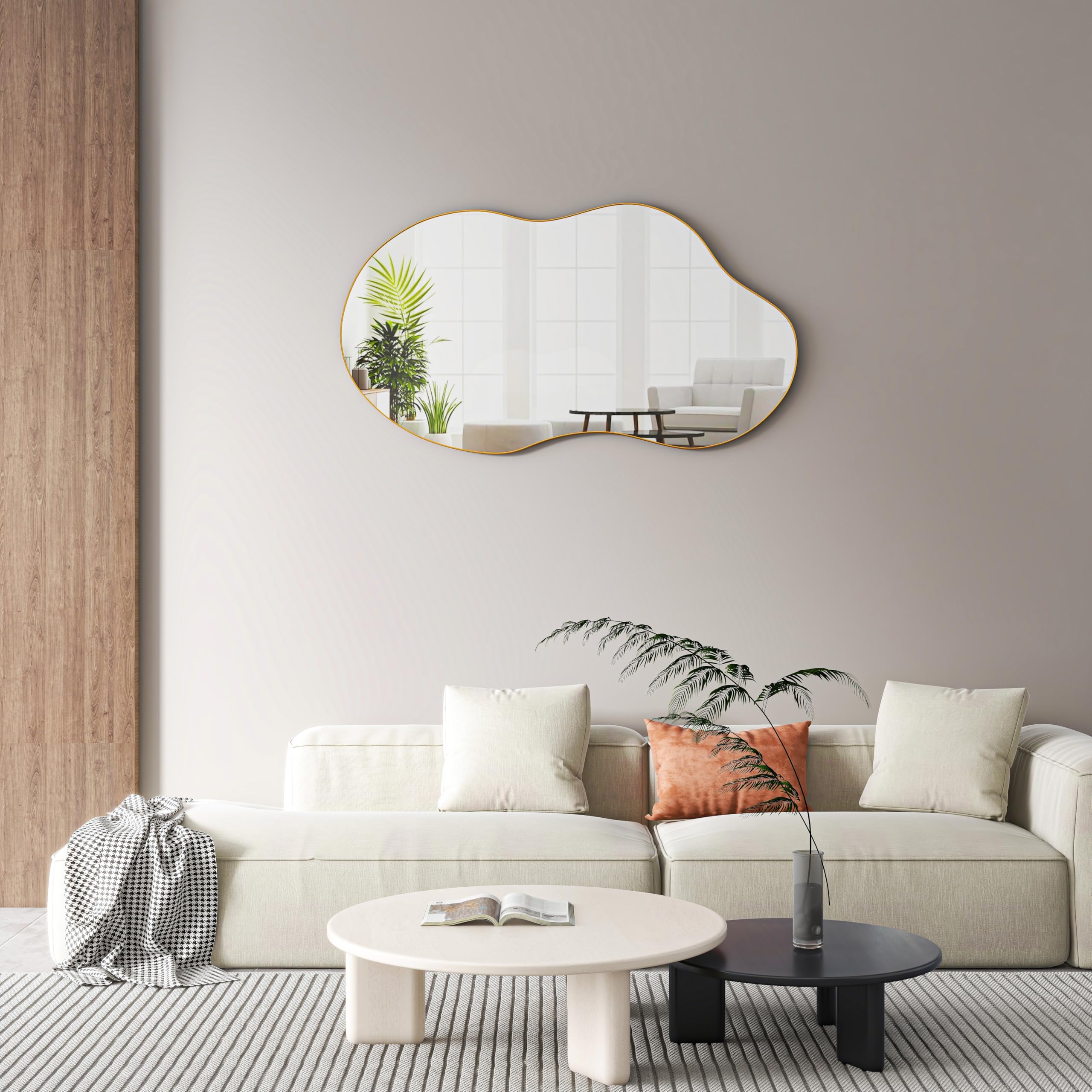 SHYFOY Espejo Grande Asimétrico de Pared Decorativo - Marco de Metal Dorado - 110 x 56 cm para Salón, Pasillo, Entrada, Baño