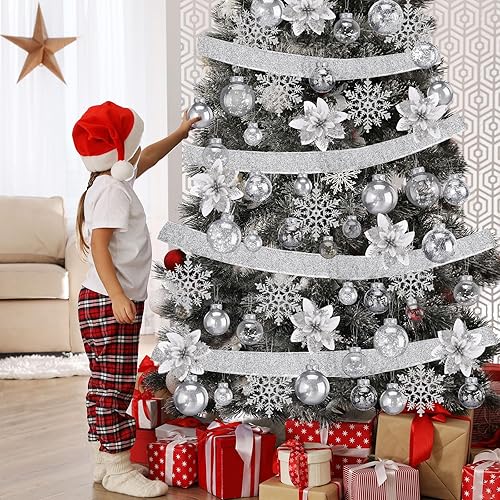 Miniatura 6 de Juego de 74 adornos de bolas de Navidad de plástico, irrompibles, con cintas colgantes de copos de nieve, flores de pascua artificiales para