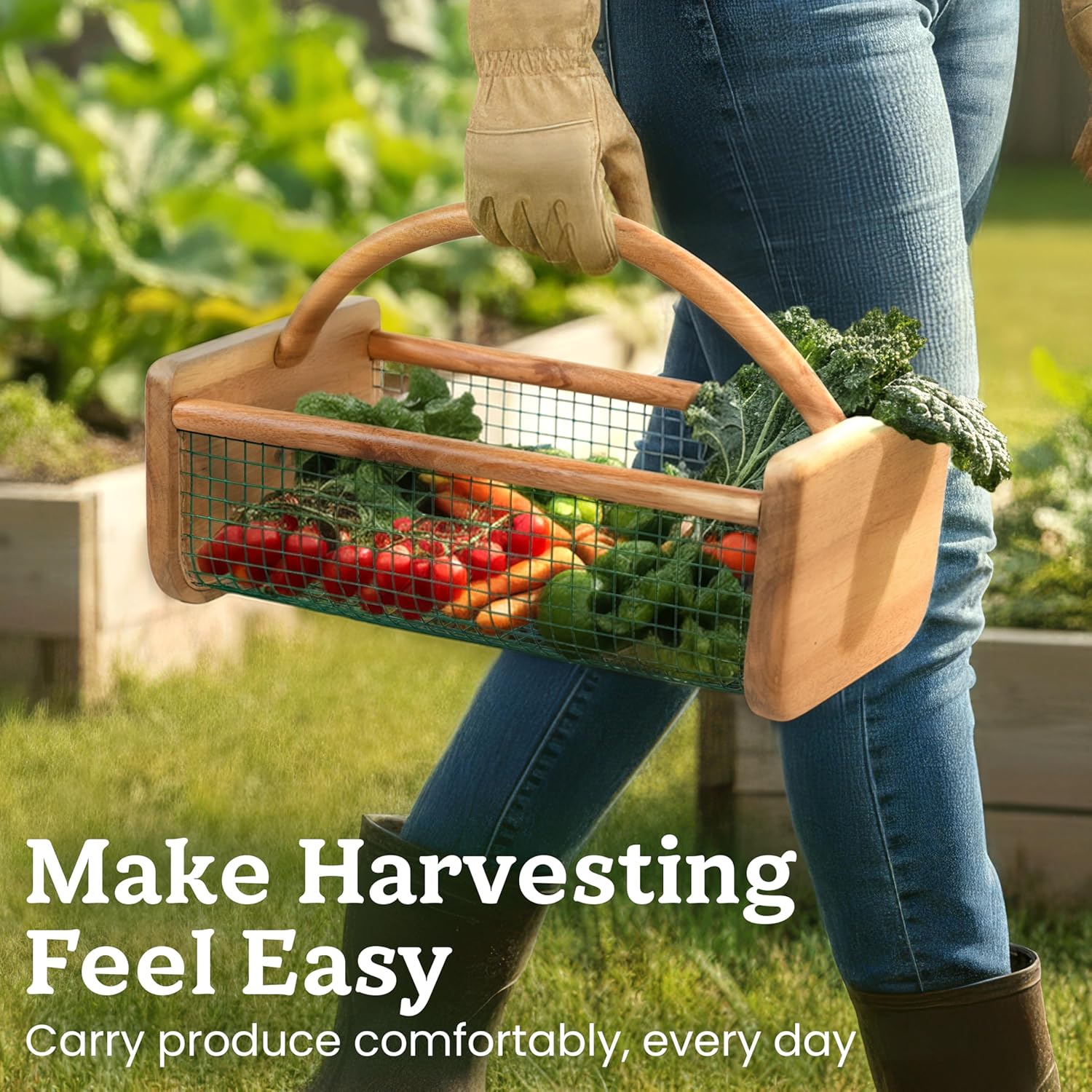 HOMESTEAD Garden Hod Harvest Basket, Durable Acacia Wood Frame with Rotating Handle, Farmhouse Basket for Home Improvement, Gardening, Farm, Kitchen, Indoor Outdoor Use
