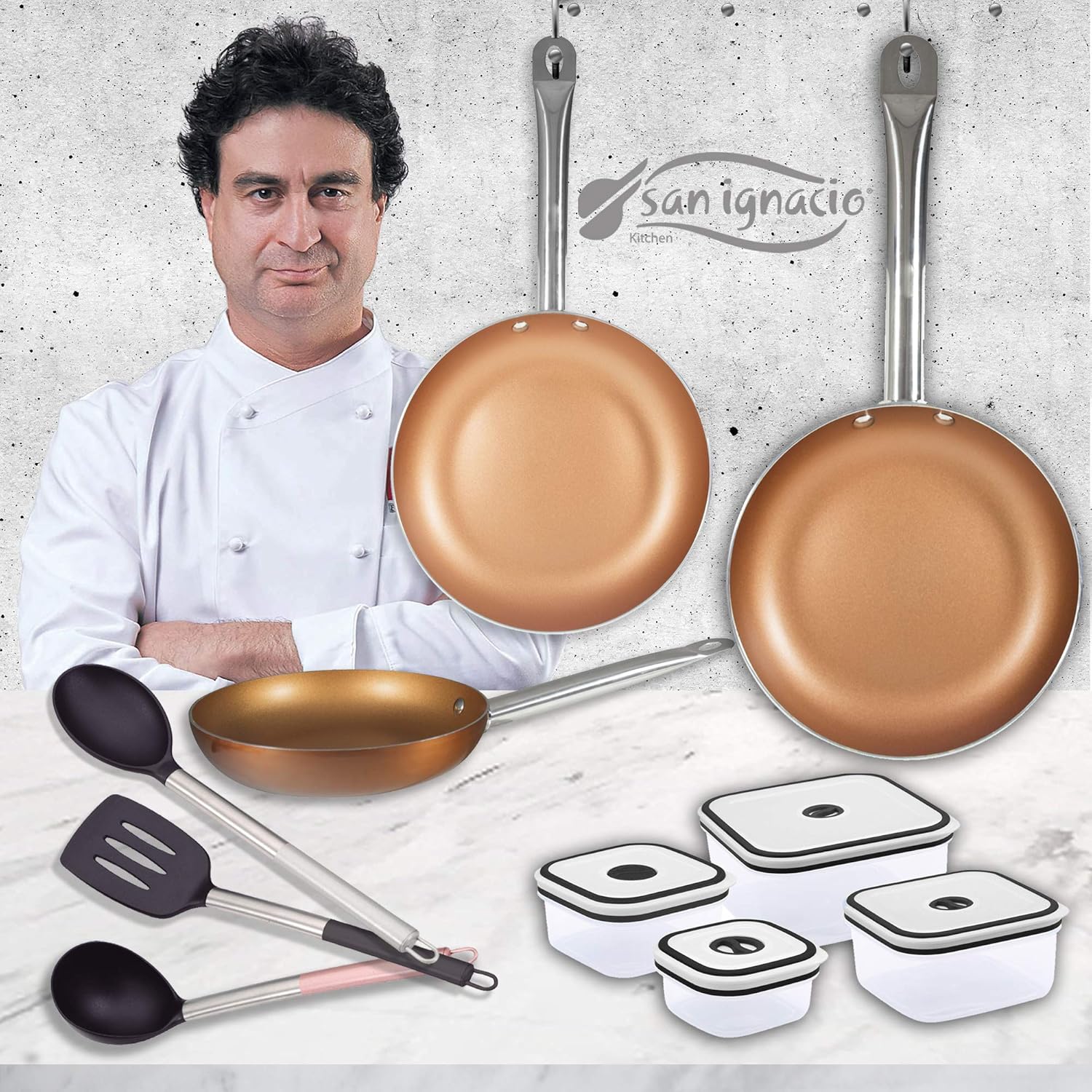 San Ignacio Copper Plus Set 3 pans + 4 lunch boxes + 3 Utensils, Pressed Aluminum, Multicolor, 20-24-28 cm