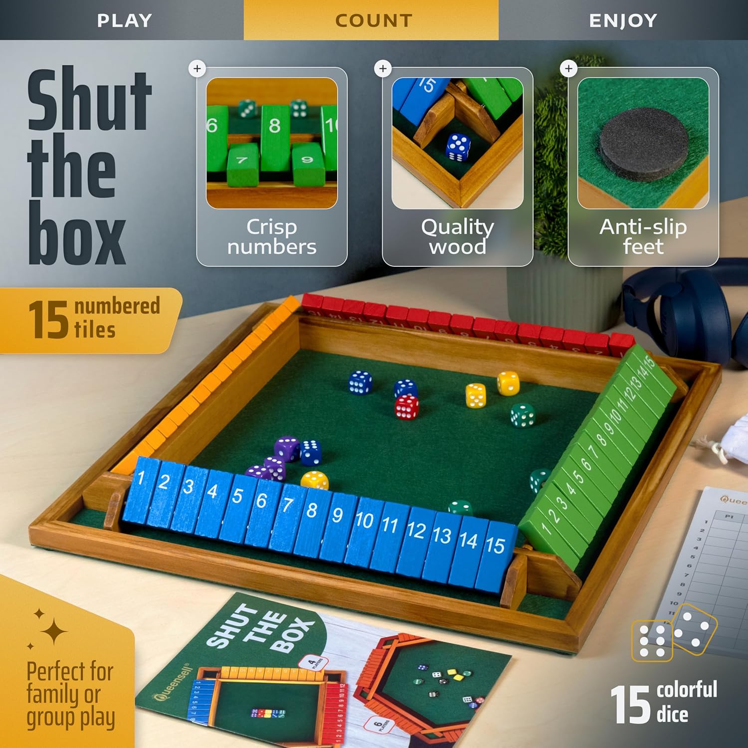 Queensell Shut The Box Game Wooden Board for 4 Players – 15 Numbers Shut The Box Game – Classic Shut The Box Dice Game for Adults & Kids – Family Board Game