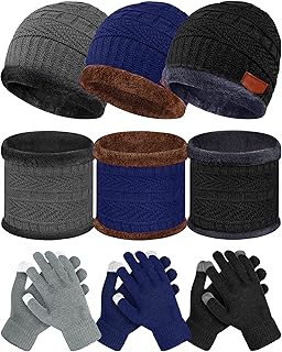 JaGely 3 Pieces Winter Knit Hat Neck Warmer Scarf and Touch Screen Gloves Set, Mainly Black, Navy Blue, Gray, hats: about 23 x 26 cm,neck warmers: about 24 x 22 cm,gloves: about 20.5 cm