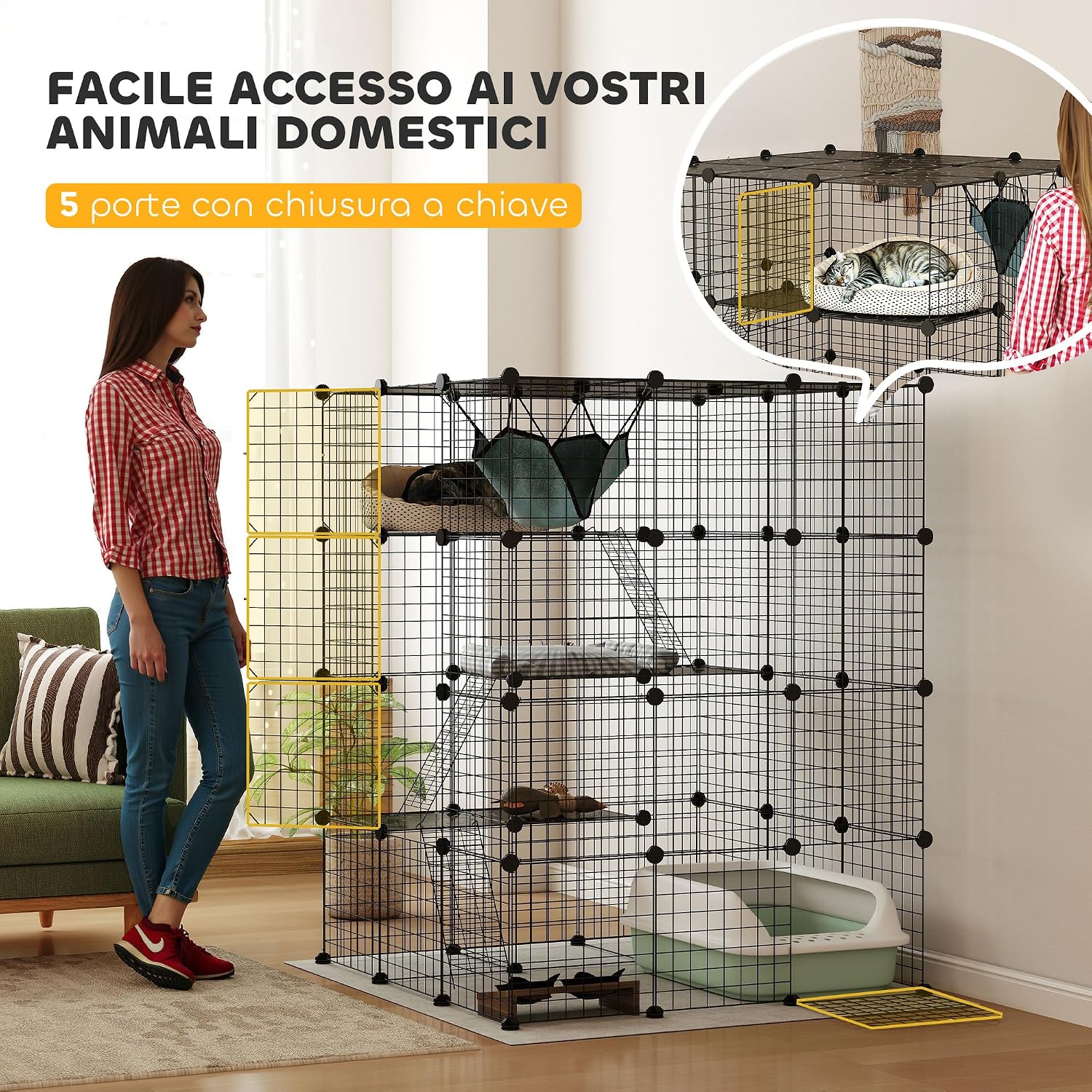 A woman opening one of the five doors of the cat cage, labeled 'EASY ACCESS FOR YOUR PETS 5 lockable doors'