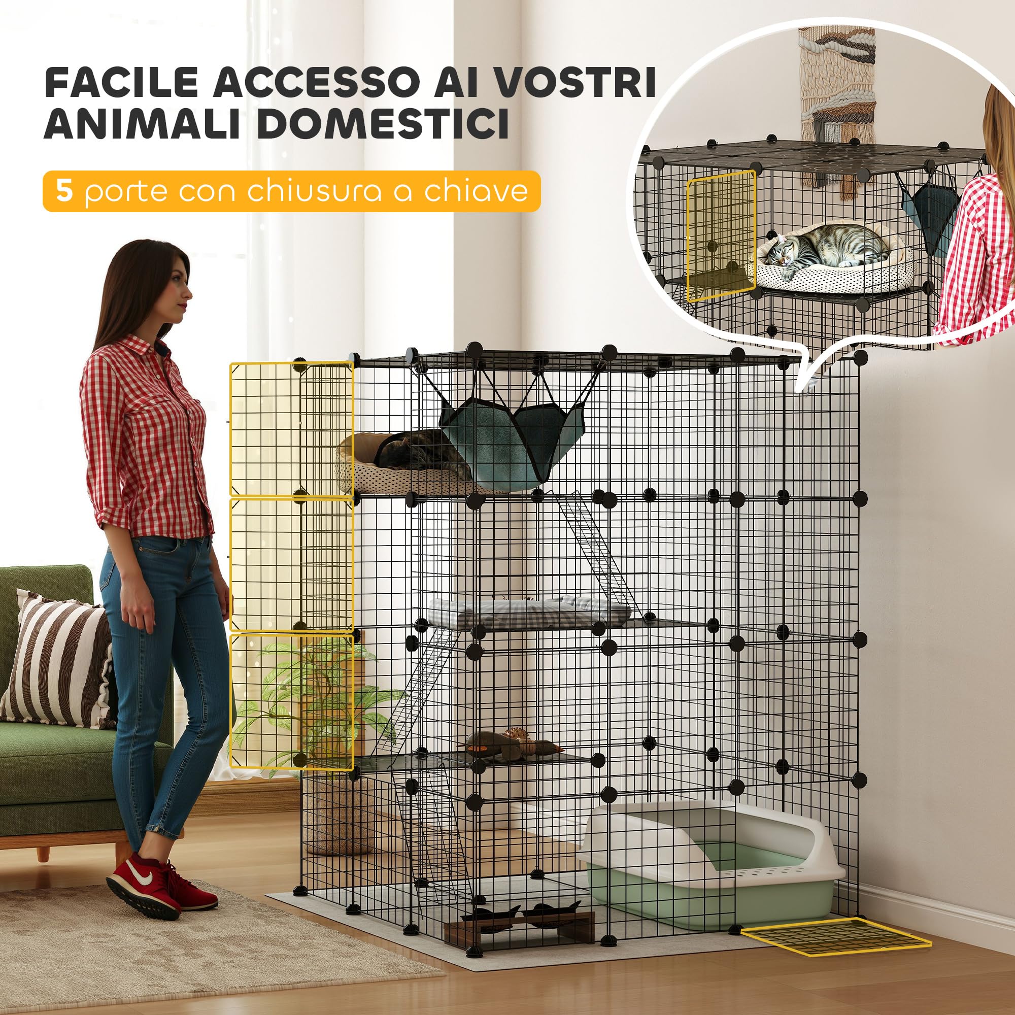 PawHut Gabbia per Gatti Modulabile a 4 Livelli con Rampe, 3 Piattaforme di Salto e 5 Porte, Casetta per Gatti con Tappetini Antiscivolo e Amaca in Acciaio e PP, per 1-3 Gatto, 105x105x140 cm, Nero