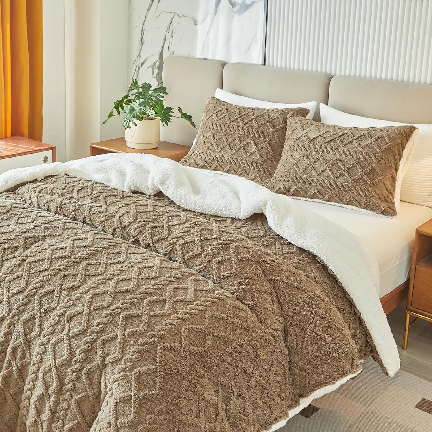Joyreap 3-Piece Fluffy Faux Fur Sherpa Comforter Set Coffee, Queen Size Luxury Tufted Bedding Comforter Set, All Season Soft n Cozy Plush Comforter Bed Set- 88x88 inches - Image 5