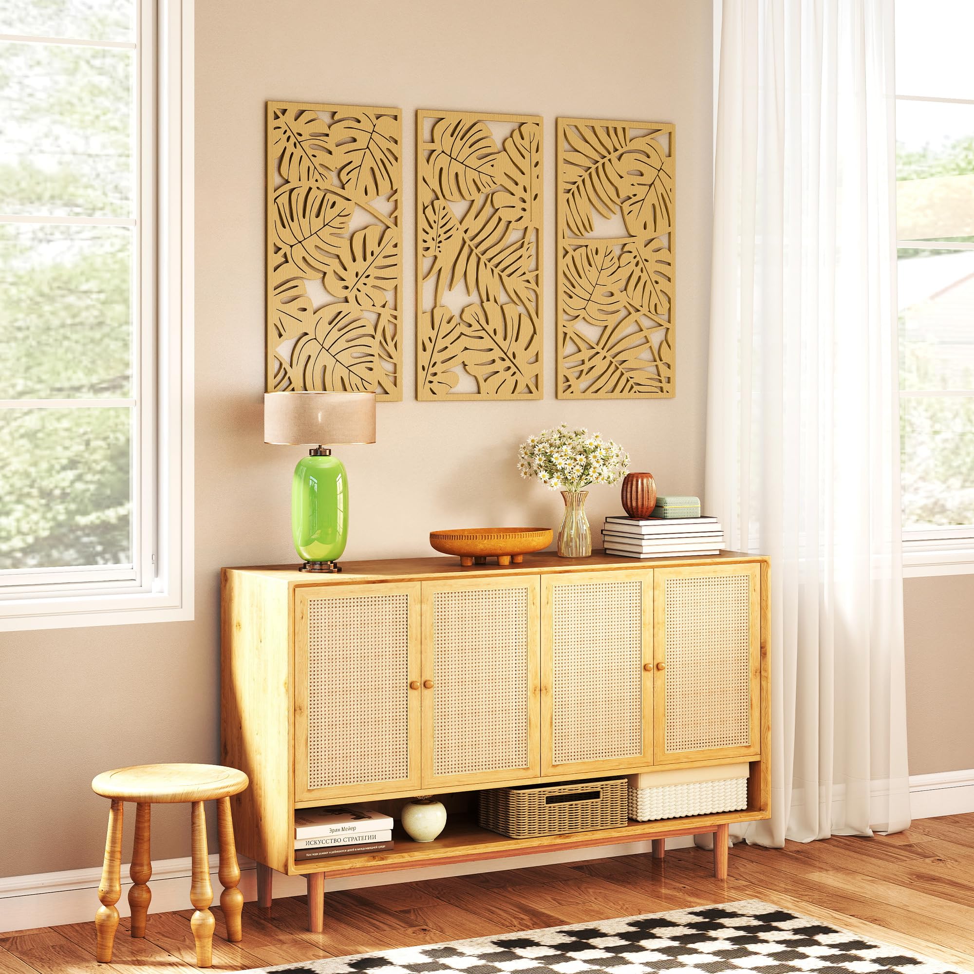 HOMCOM Set di 3 decorazioni da parete in legno 3D, 40 x 80 cm, legno naturale | Foglie tropicali, decorazione da parete moderna da appendere, per soggiorno, camera da letto, corridoio o ufficio