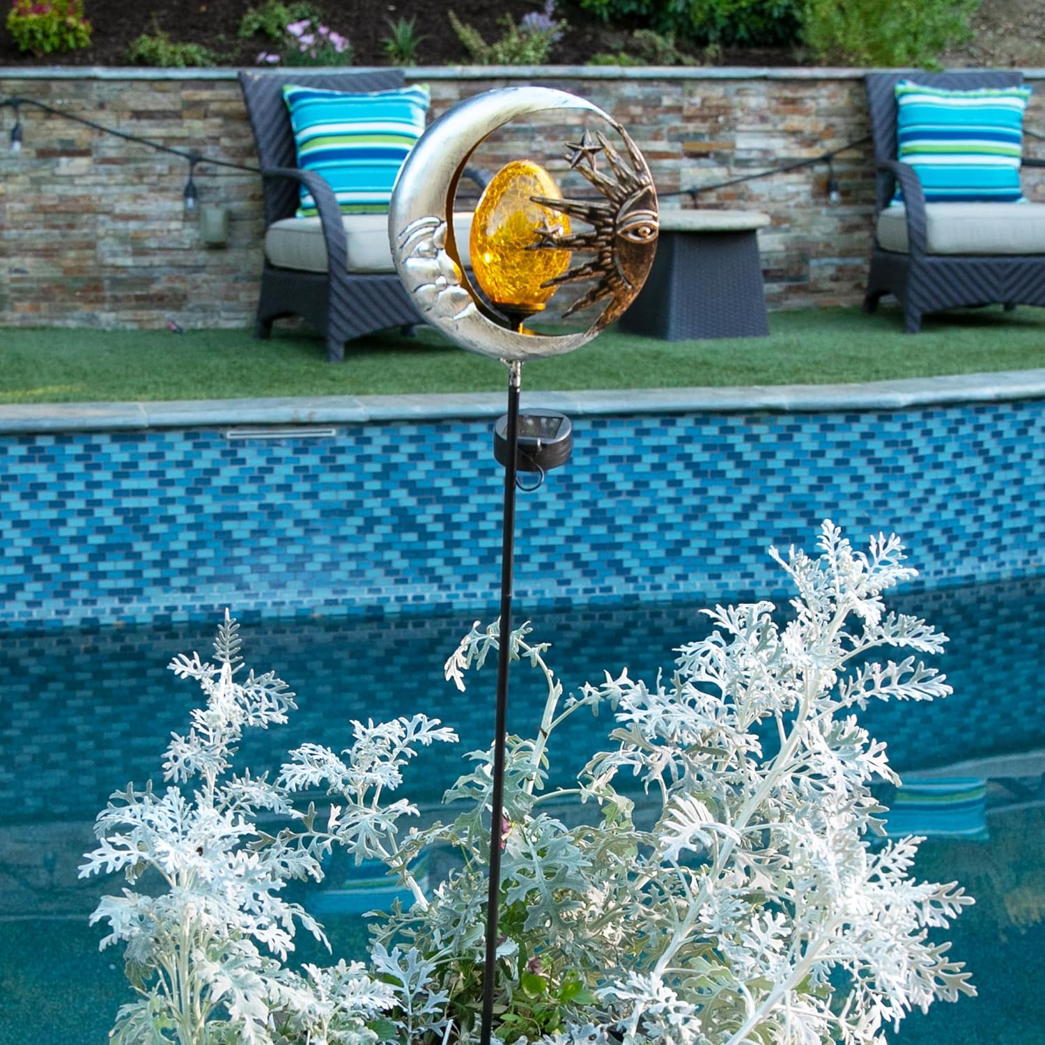 Exhart Garden Stake, Sun and Moon Solar Garden Sculpture, LED Amber Crackle Glass Orb, Silver Metal Outdoor Lawn Decor and Yard Art, 8.5 x 3 x 38 Inch
