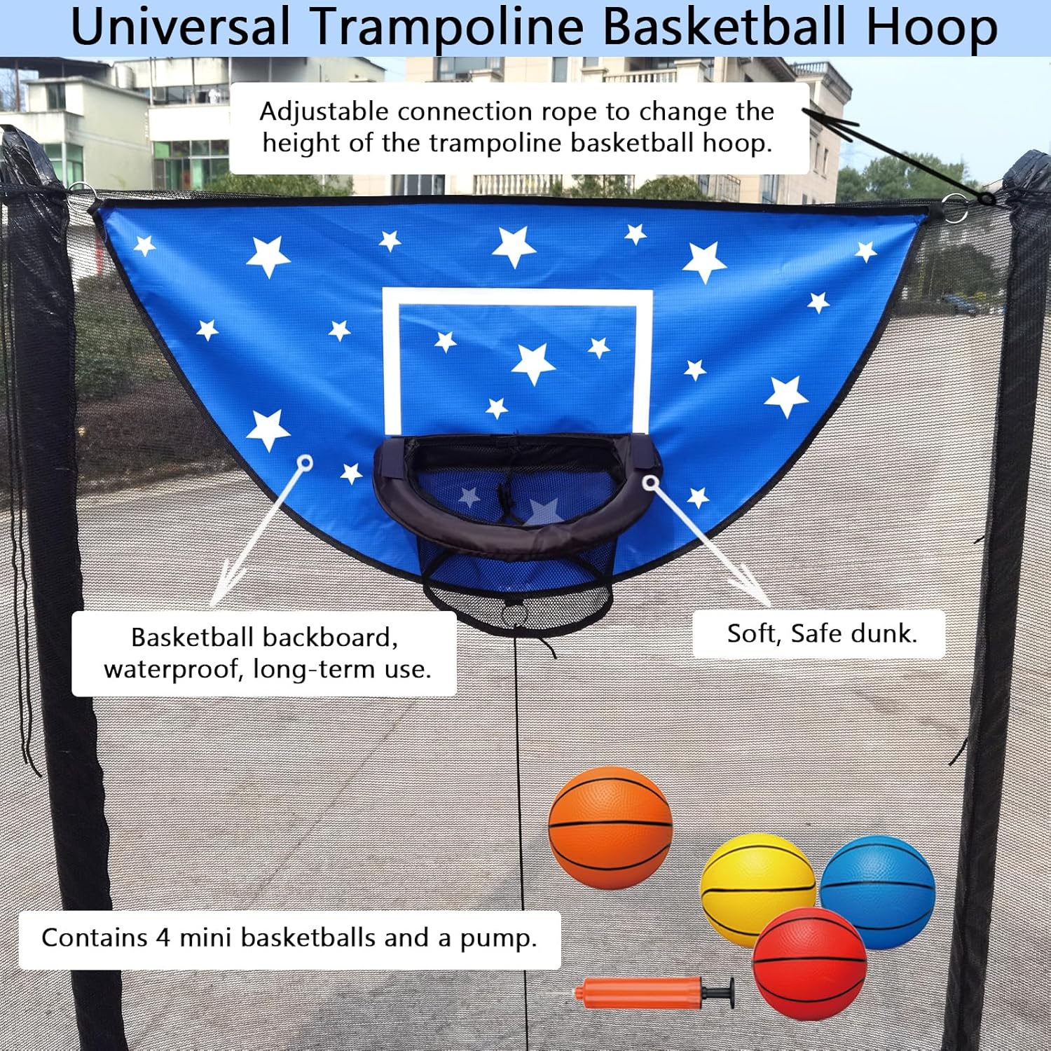 Trampoline Basketball Hoop, Attachment with Pump and Mini Ball, Universal Trampoline Accessories, Easy to Install