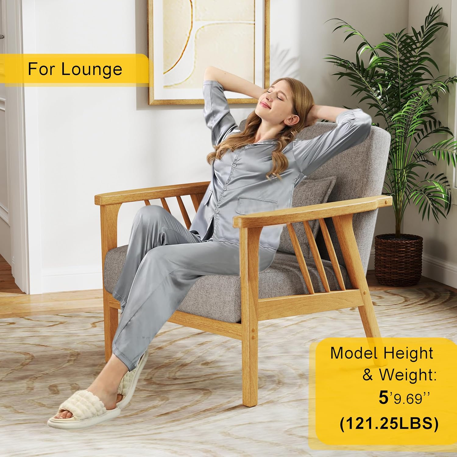 Mid-Century Modern Accent Chair, Linen Fabric Armchair and Lounge Chair with Lumbar Pillow, Wide Seat & Solid Wood Frame for Living Room, Bedroom or Balcony (Light Gray)