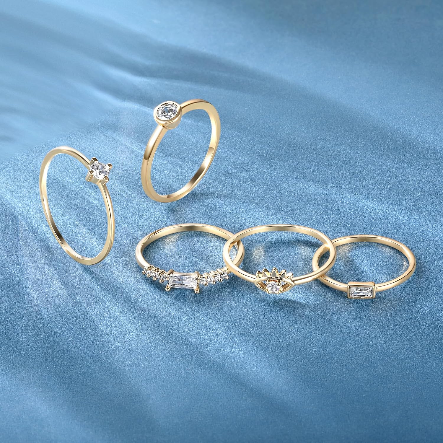 MDFUN 5 PCS Promise Stackable Ring Sets, 18K Yellow Gold Plated Cubic Zirconia Eternity Ring Set | Women's Gold Ring Sets