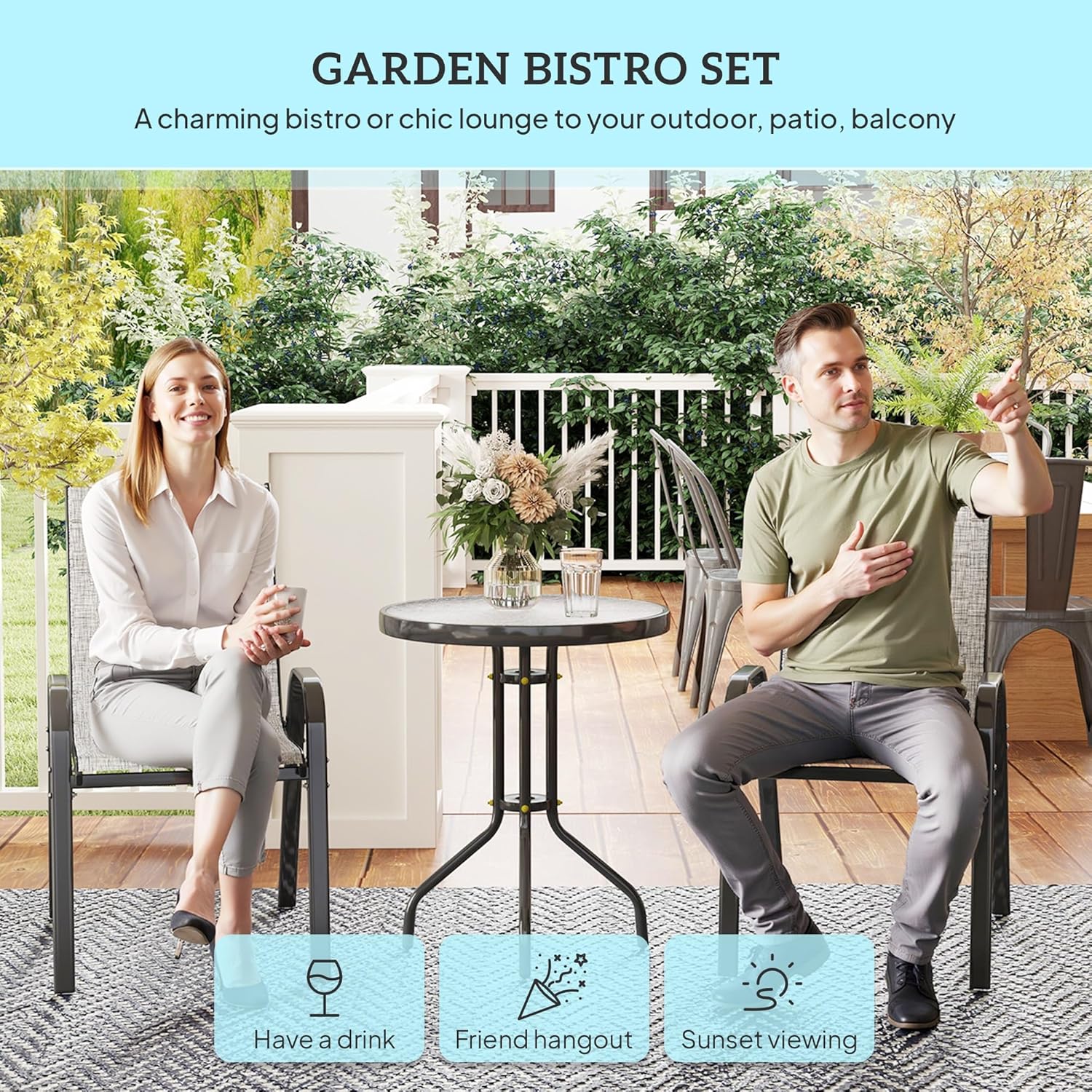 Outsunny 3 Pieces Outdoor Bistro Set, Small Patio Set with Stackable Mesh Chairs and Glass Top Table, High Back Patio Furniture Set for Backyard, Balcony, Garden, Gray