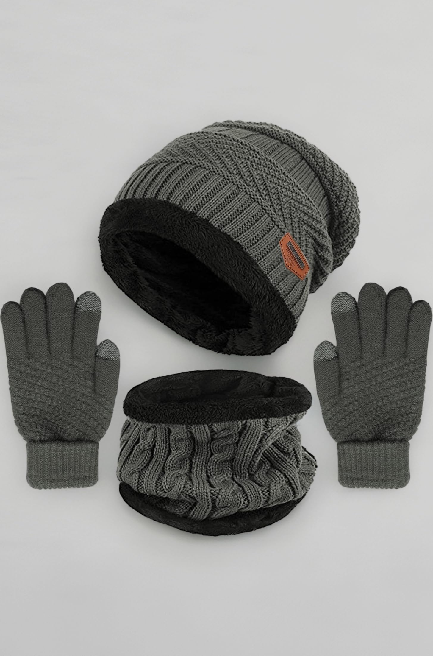 Winter Knit Beanie Hat Neck Warmer Gloves Set, Fleece Lined Skull Cap Infinity Scarves Touch Screen Mittens for Men Women