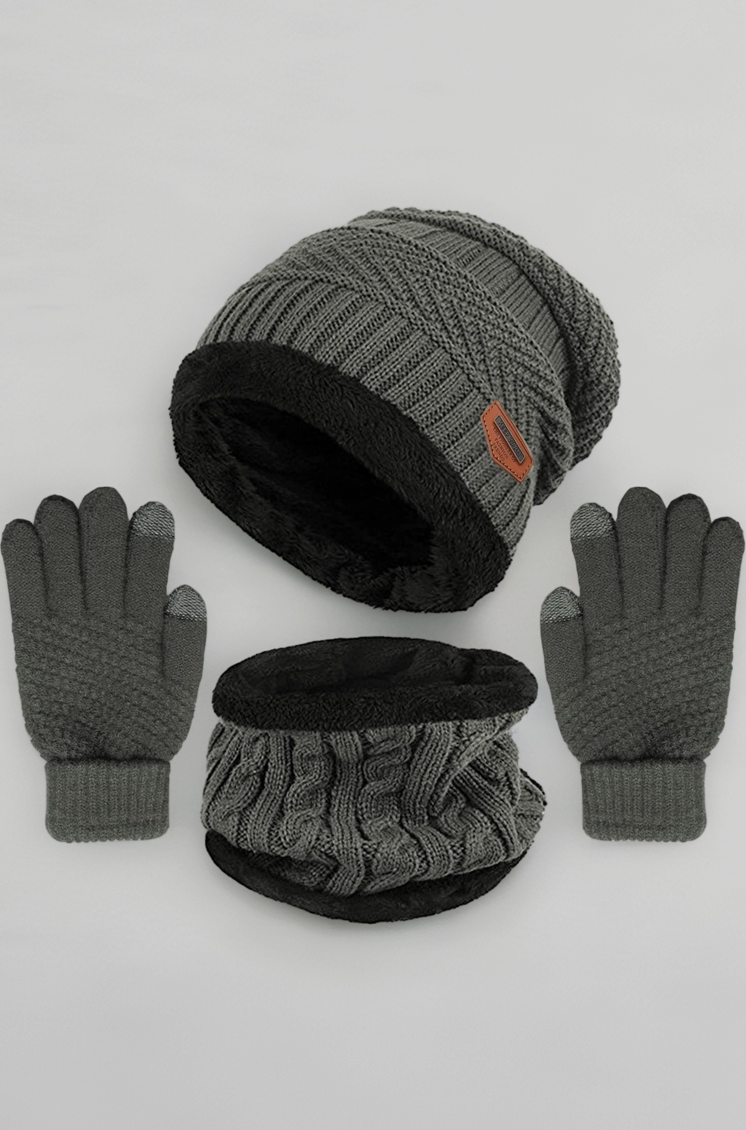 Winter Knit Beanie Hat Neck Warmer Gloves Set, Fleece Lined Skull Cap Infinity Scarves Touch Screen Mittens for Men Women