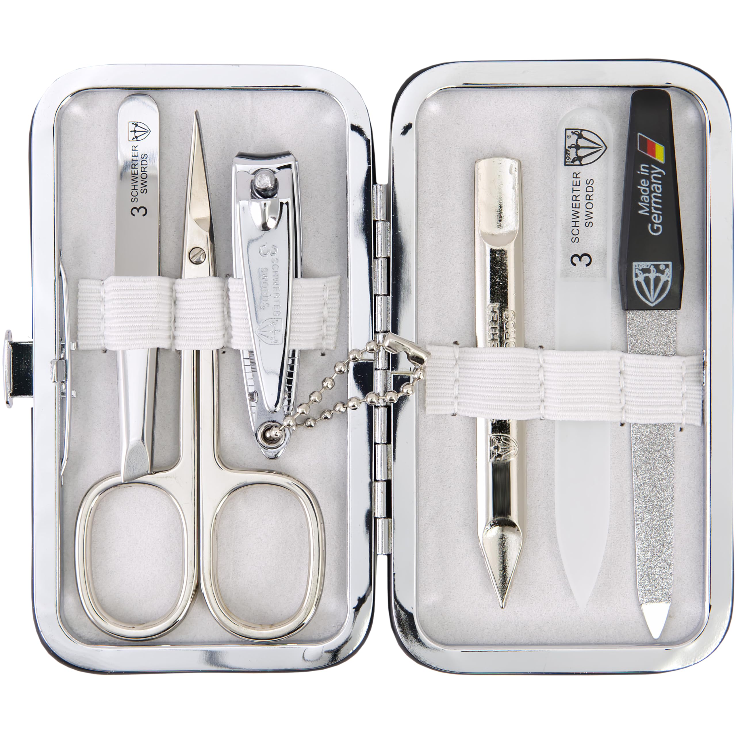 3 Swords Germany - Kit de manucure et pédicure de qualité 6 pièces - Ciseaux, lime à ongles en métal et verre, pince à épiler avec étui en cuir synthétique - Blanc