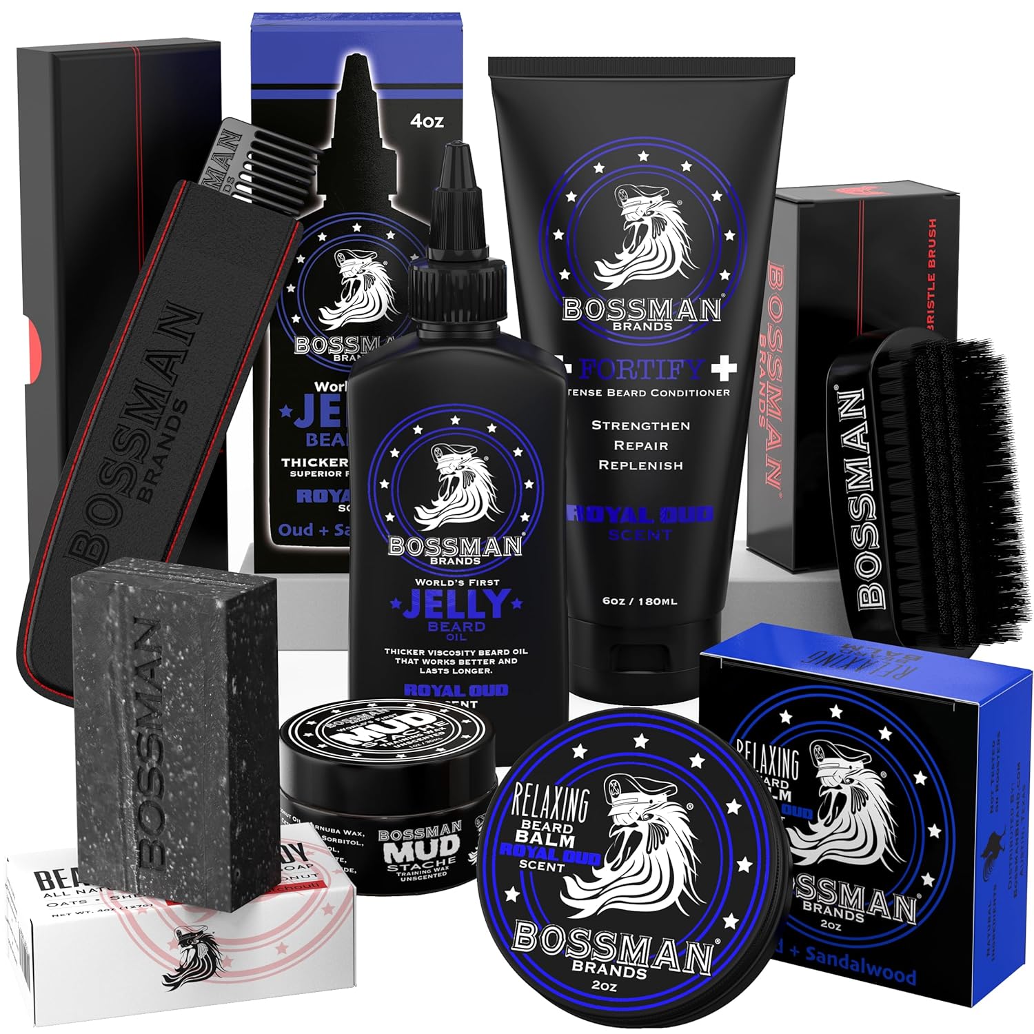 Bossman Big Boss Beard Care Kit for Men – 7 Piece Beard Grooming Kit with Jelly Beard Oil, Beard Conditioner, Beard Balm, MUDstache Wax, Bar Soap, Metal Comb, Brush – Mustache Kit (Royal Oud)