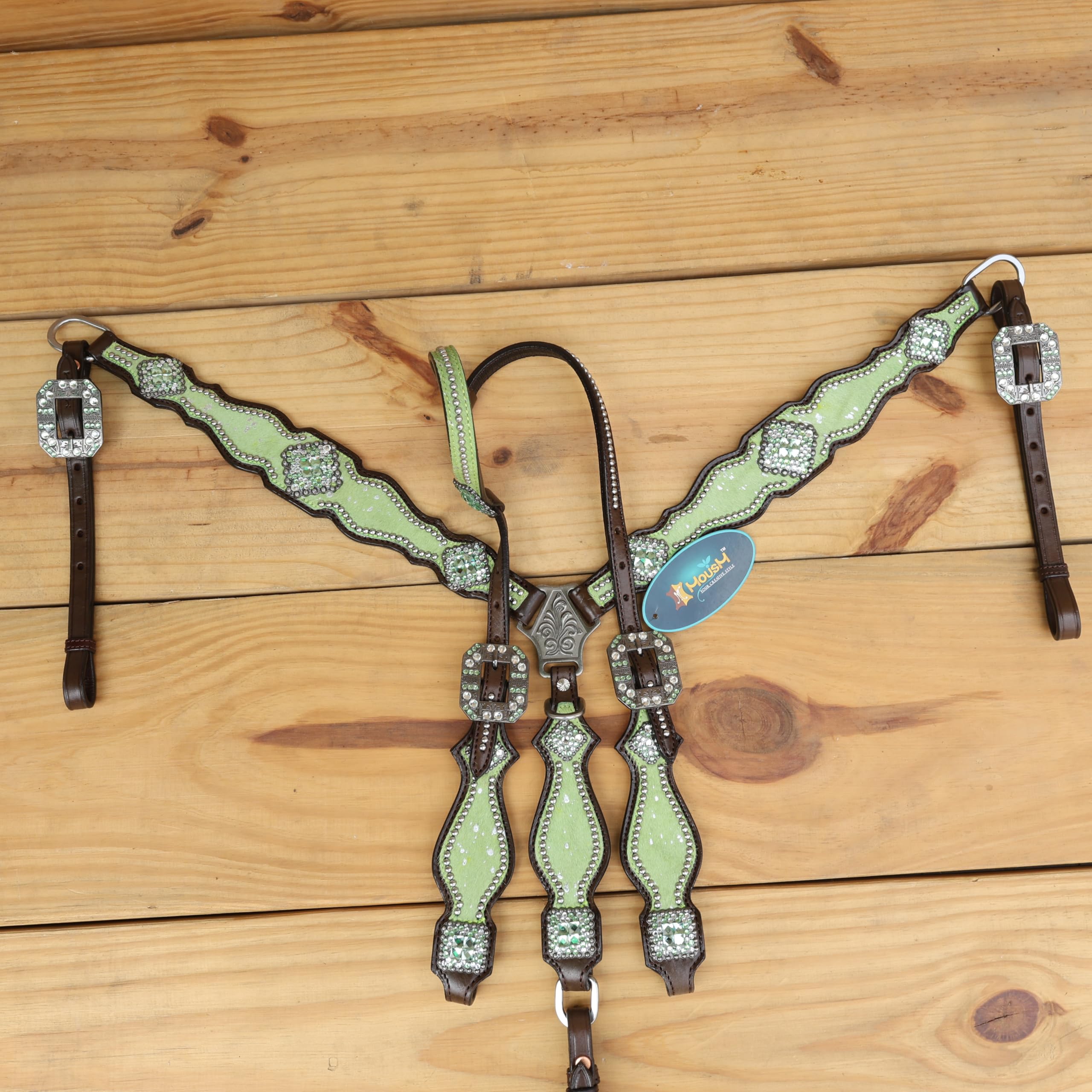 MOUSM Western Headstall & Breast Collar Tack Set for Horse - Handmade Lime Green Metallic Acid Wash Cowhide with Nickel Studs & Conchos - Unique