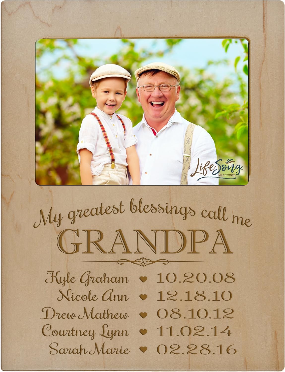 LifeSong Milestones Personalized Gift for Grandpa Picture Frame with Children's Names and Kid’s Birth Date Special Dates My Greatest Blessings Call me Grandpa Holds 4x6 Photo (Maple)