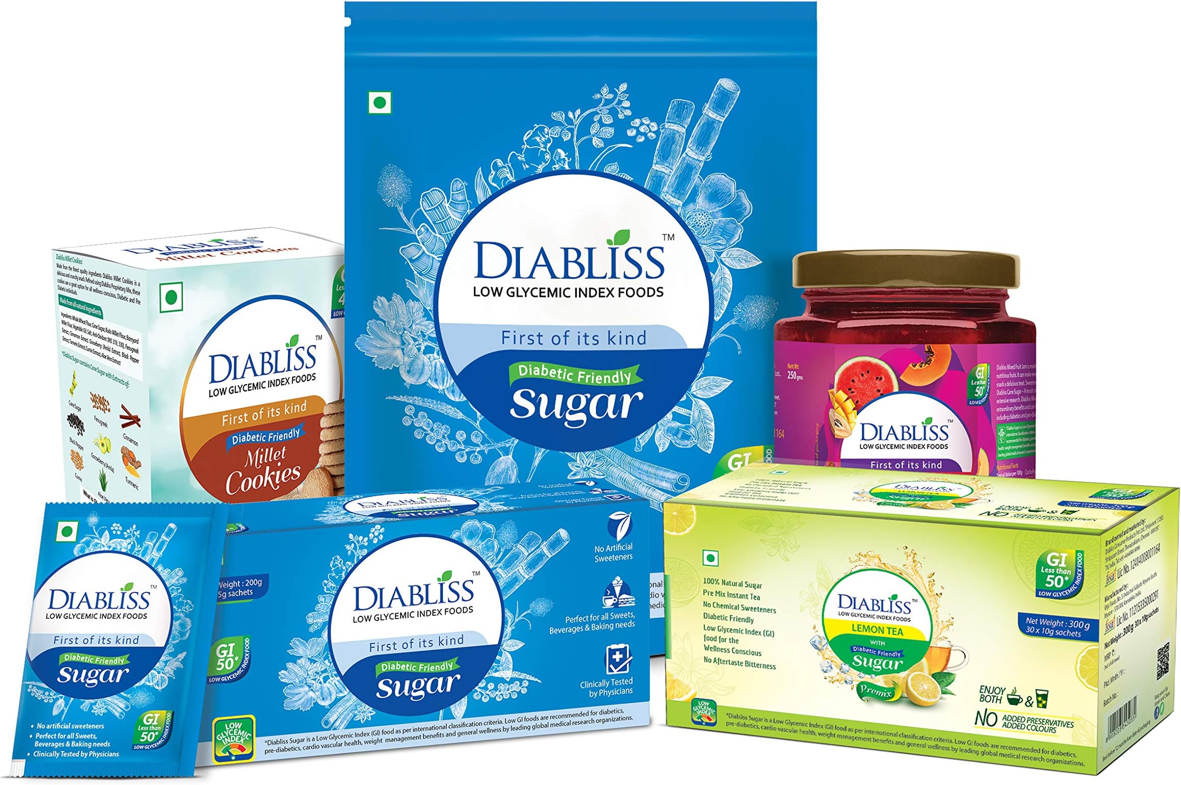 Diabliss Low GI Kit Diabetic Friendly Combo Pack Herbal Sugar - Free from chemical artificial Sweetener Stevia Splenda Alternative 100% Natural & Herbal - Lemon Tea Sachets - Jam Bottle - Millet Cookies