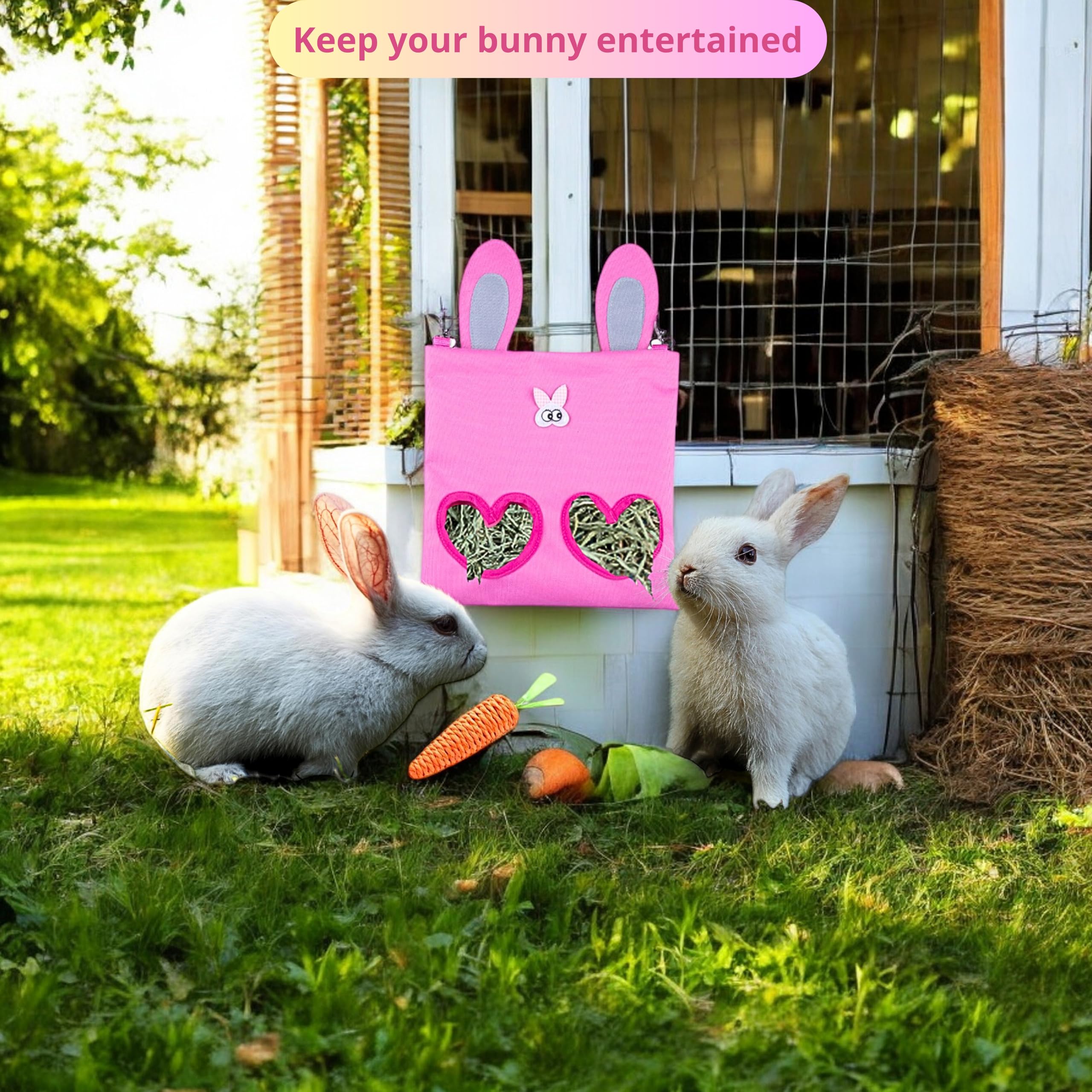 Hanging Rabbit Hay Feeder Bag with Chew Toys Set, Guinea Pig Hay Feeder, Bunny Feeders Holder Storage for Small Pets Bunnies Chinchilla Guinea Pigs Hamster Rats (Pink) - image 4