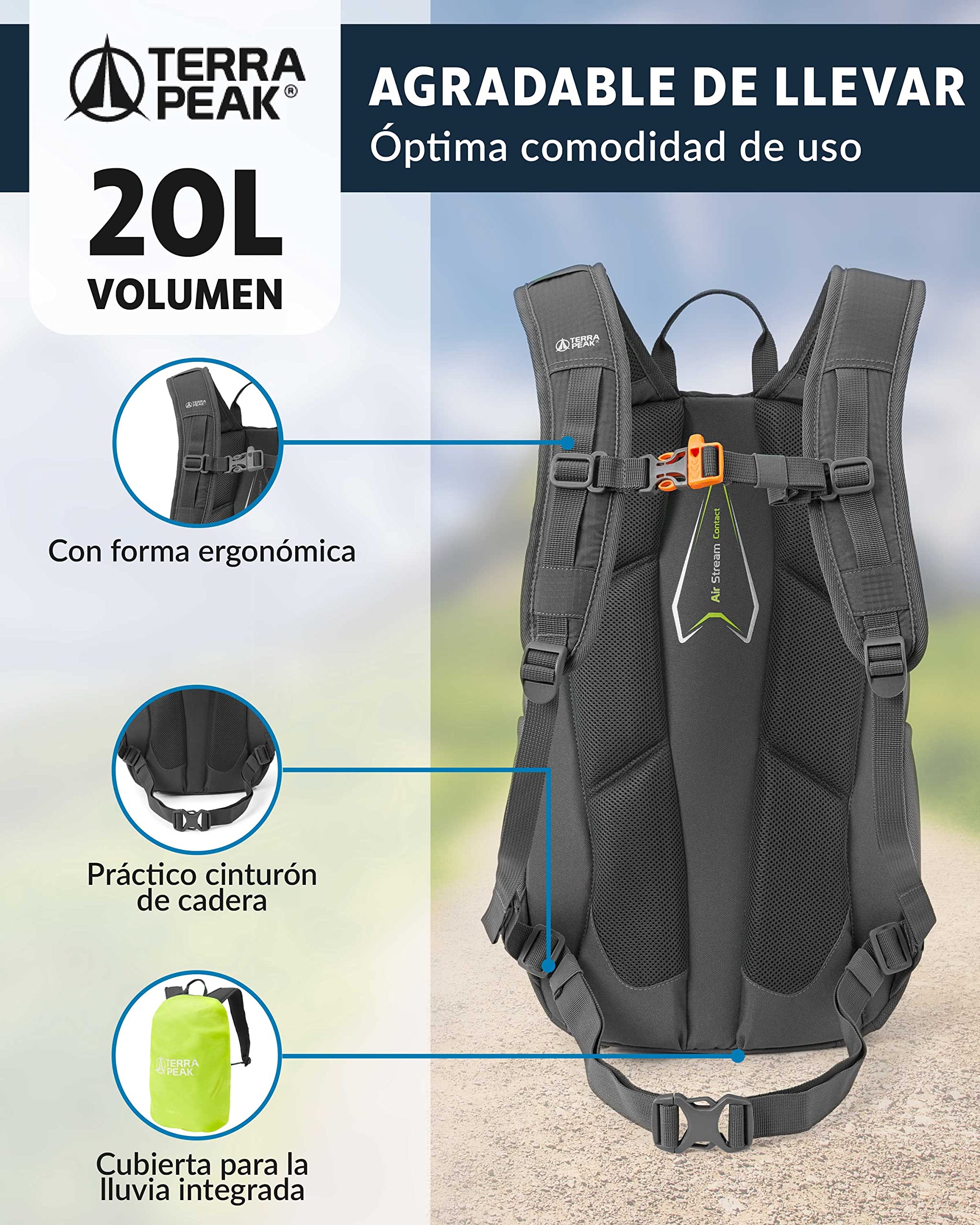 Terra Peak® Mochila de Senderismo 20L para hombre y mujer (FLEX 20 PEQUEÑA) - Mochila de montaña, trekking y viaje para exteriores, ergonómica e impermeable, con ventilación trasera (transpirable)