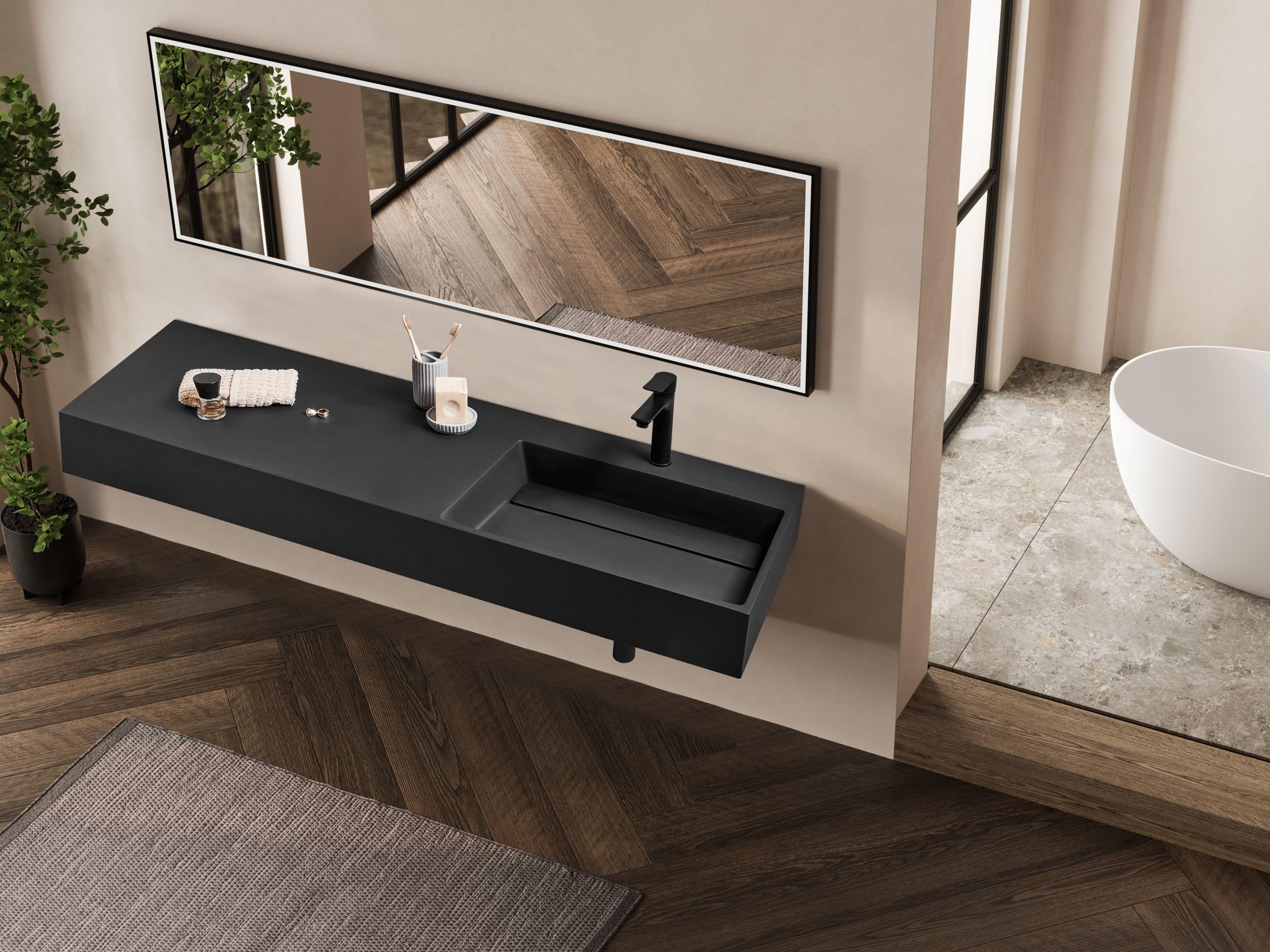 Lavabo suspendido de pared clásico rectangular fundición mineral acabado mate 150 x 48 cm negro Cusco
