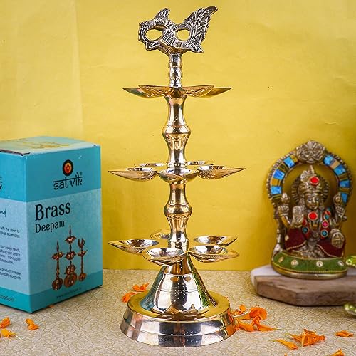 SATVIK - 1 lámpara de aceite de latón Panchmukhi Peacock Kerala Samai Puja Diya Kutthu Vilakku Pooja 3 pasos Diya grabado diseño Deepak indio Diwali
