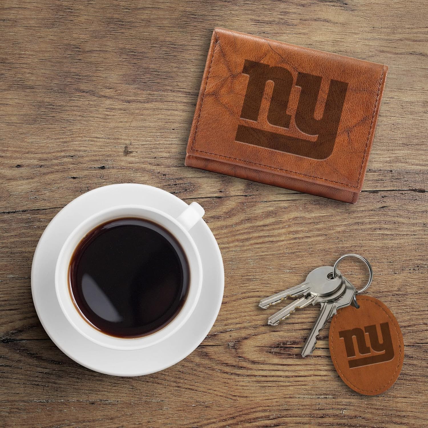 NFL Football Genuine Leather Tri Fold Wallet and Key Fob Gift Set - Great Gift