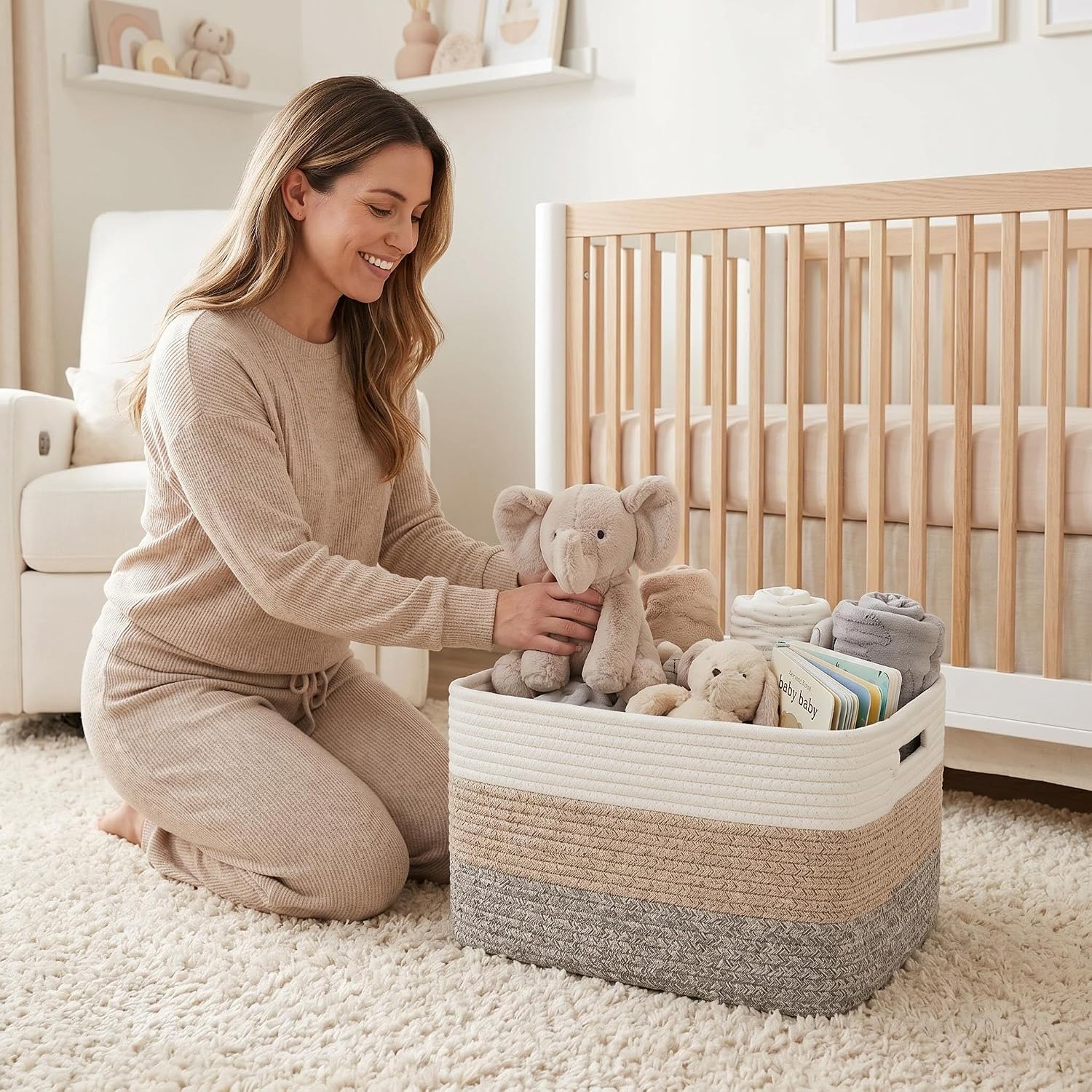 4 sets of hand-woven cotton rope storage boxes, suitable for toys, books, clothes, bathrooms, car trunks used for organizing decoration, Khaki color Two 16x14x7 in two 14x10x7in