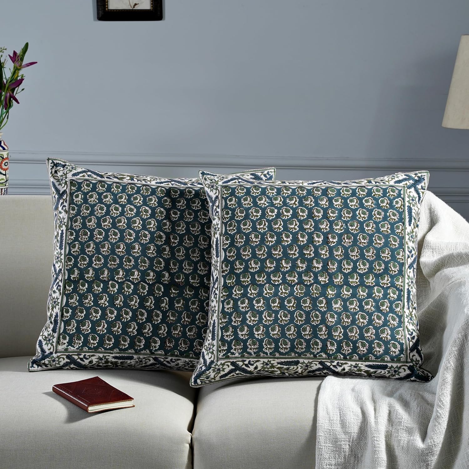 Ridhi Hand Block Print Peacock Blue 20"x20" Set of 2 - Modern Farmhouse Pillow Covers Decorative Cotton Throw Covers with Border for Couch, Sofa, Bed, Living Room Gift Spring, Easter, Valentine