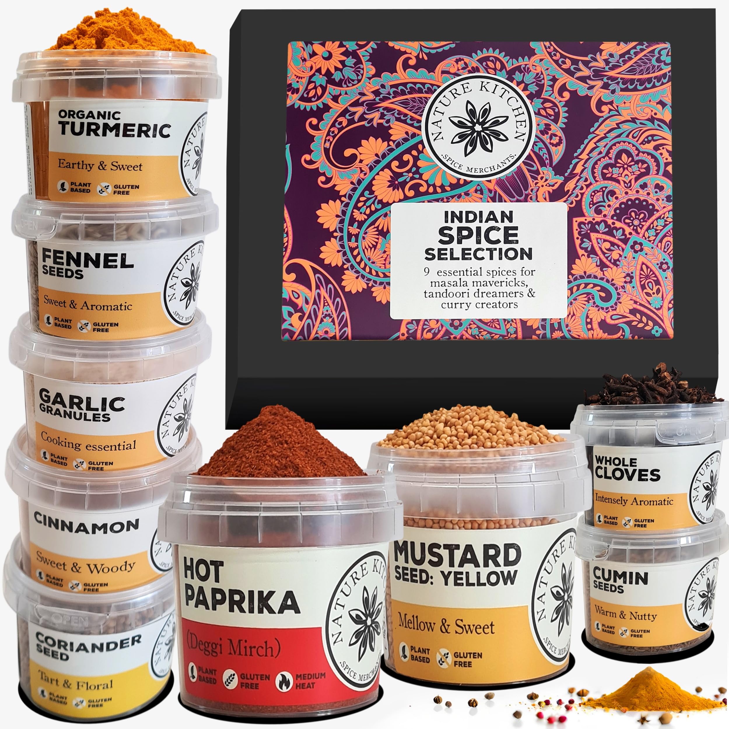 Nature Kitchen Indian Spice Box – 9 Essential Spices in Airtight Jars | Garam...