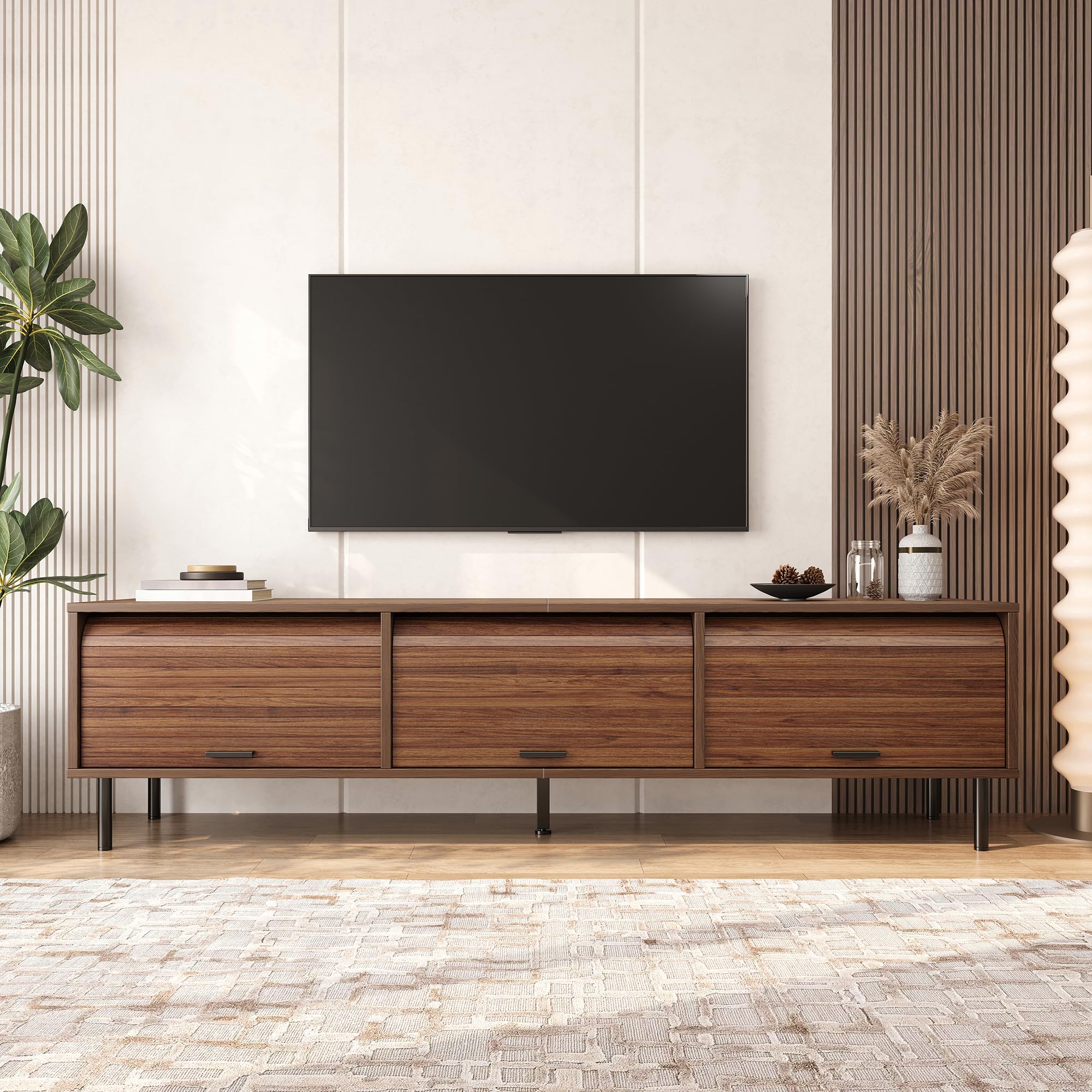 Mobile TV basso con 3 ante scorrevoli e 5 piedi, 180 cm, noce