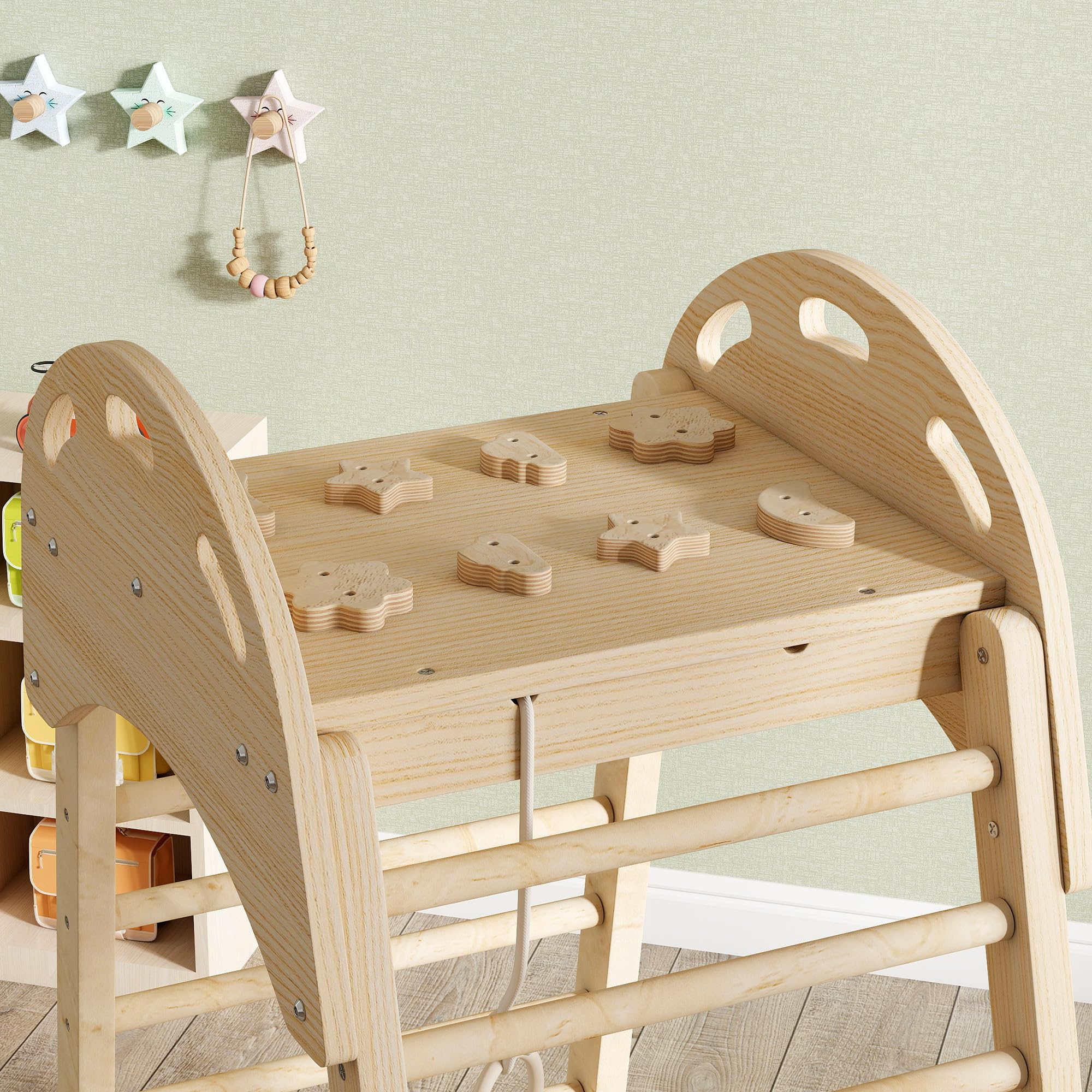 AIYAPLAY 6 en 1 Triángulo de Escalada Montessori, Estructura de Escalada de Madera con Plataforma, Anillos y Tobogán, para Deslizarse o Escalar, para Niños de 18-48 Meses, Interiores, Natural