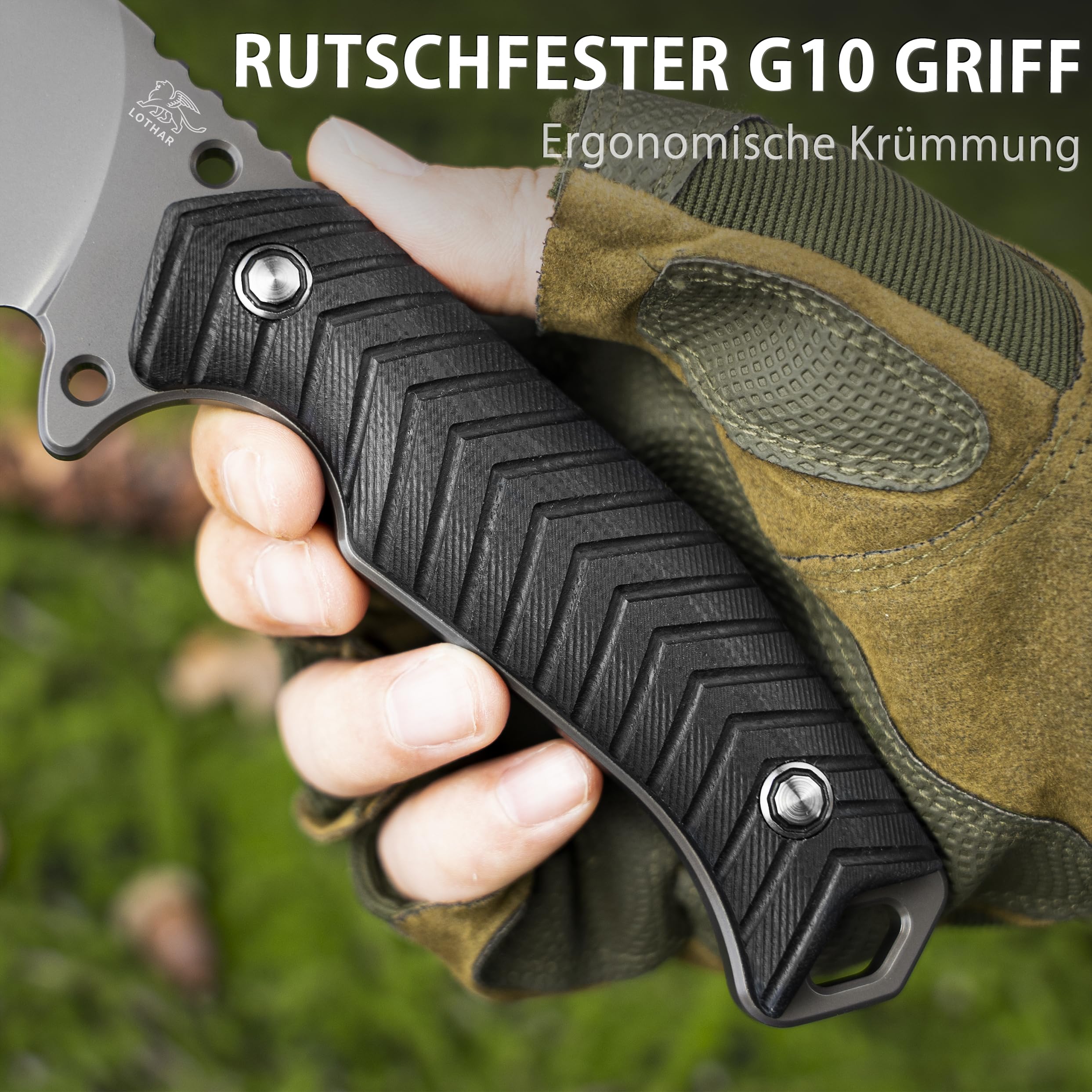 LOTHAR BAT Cuchillos de Hoja Fija, Couteau D'extérieur de Survie en Acier D2 avec Poignée en G10 et Étui Kydex, Idéal pour les Amateurs de Couteaux de Chasse en Plein Air