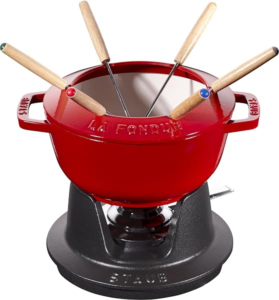 STAUB Service à Fondue en Fonte 18cm Cerise avec 6 Fourchettes